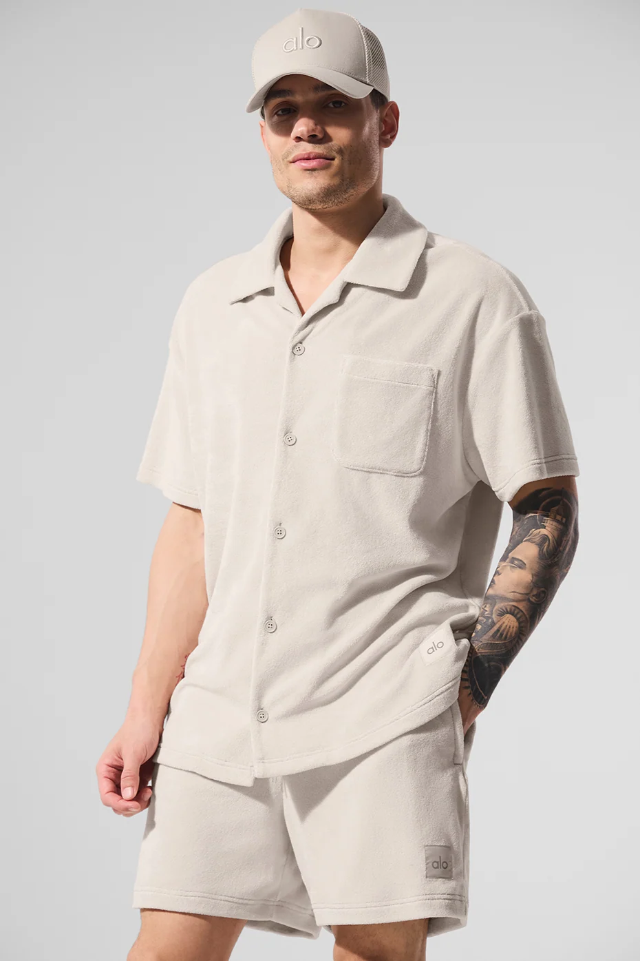 Coastal Terry Button Up Shirt in Bone for Men