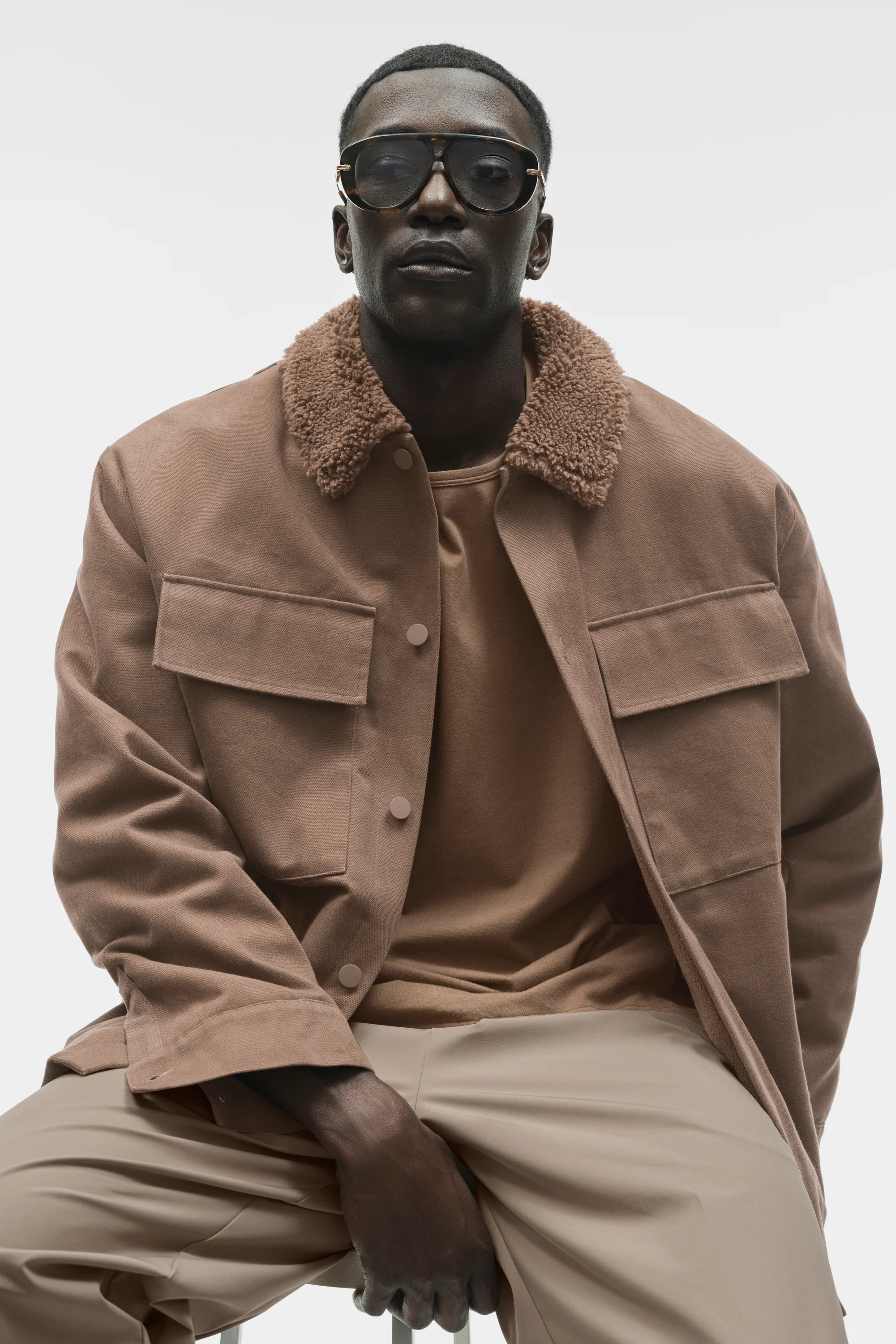 Canvas Utility Shacket in Java Brown with Sherpa Collar and Fleece Lining