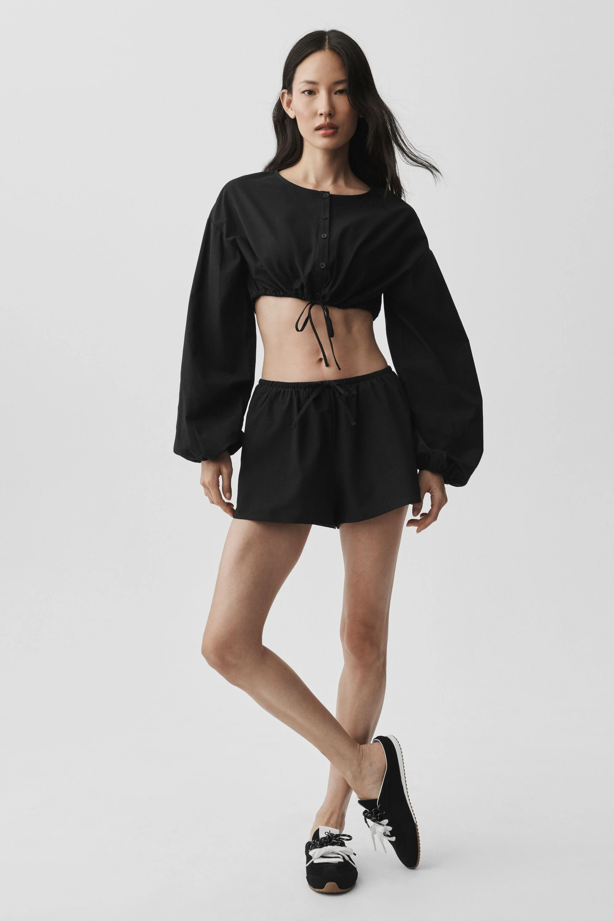 Cotton Cropped Real Deal Long Sleeve Black Button-Front Top