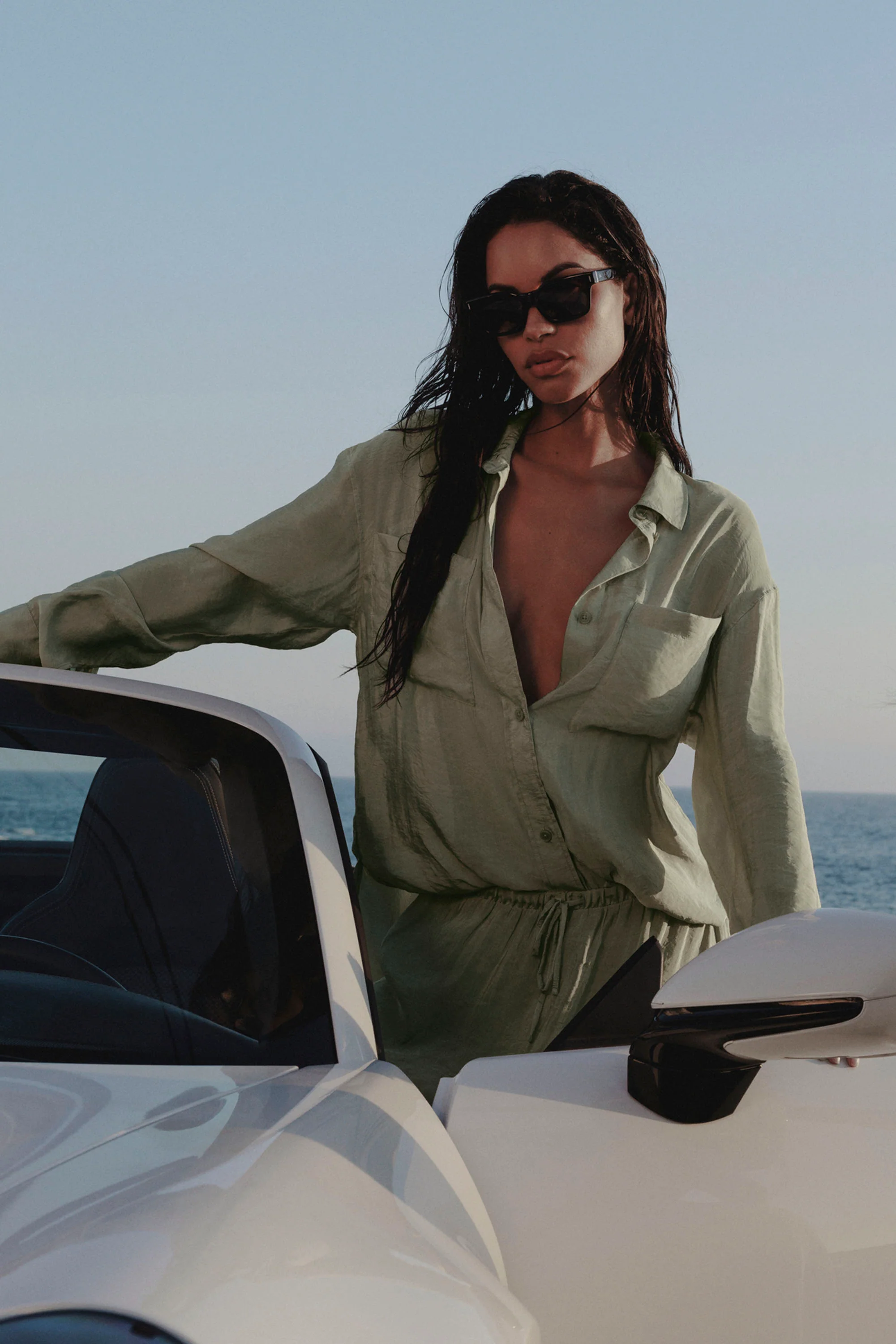 Semi-Sheer Golden Hour Button Down Long Sleeve in Dune Grass