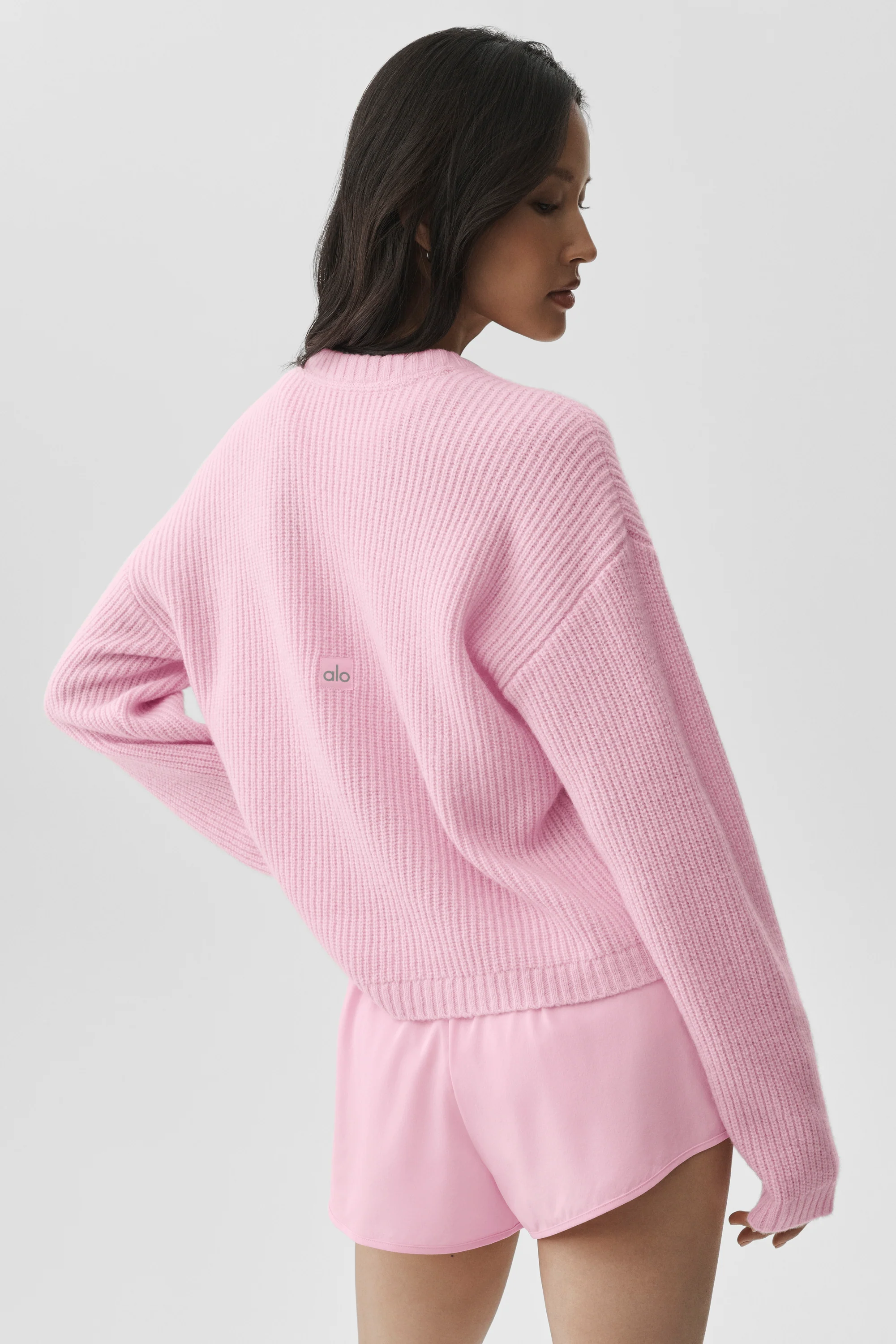 Wool Cashmere Ribbed Noble Crewneck Sweater in Pink Marshmallow