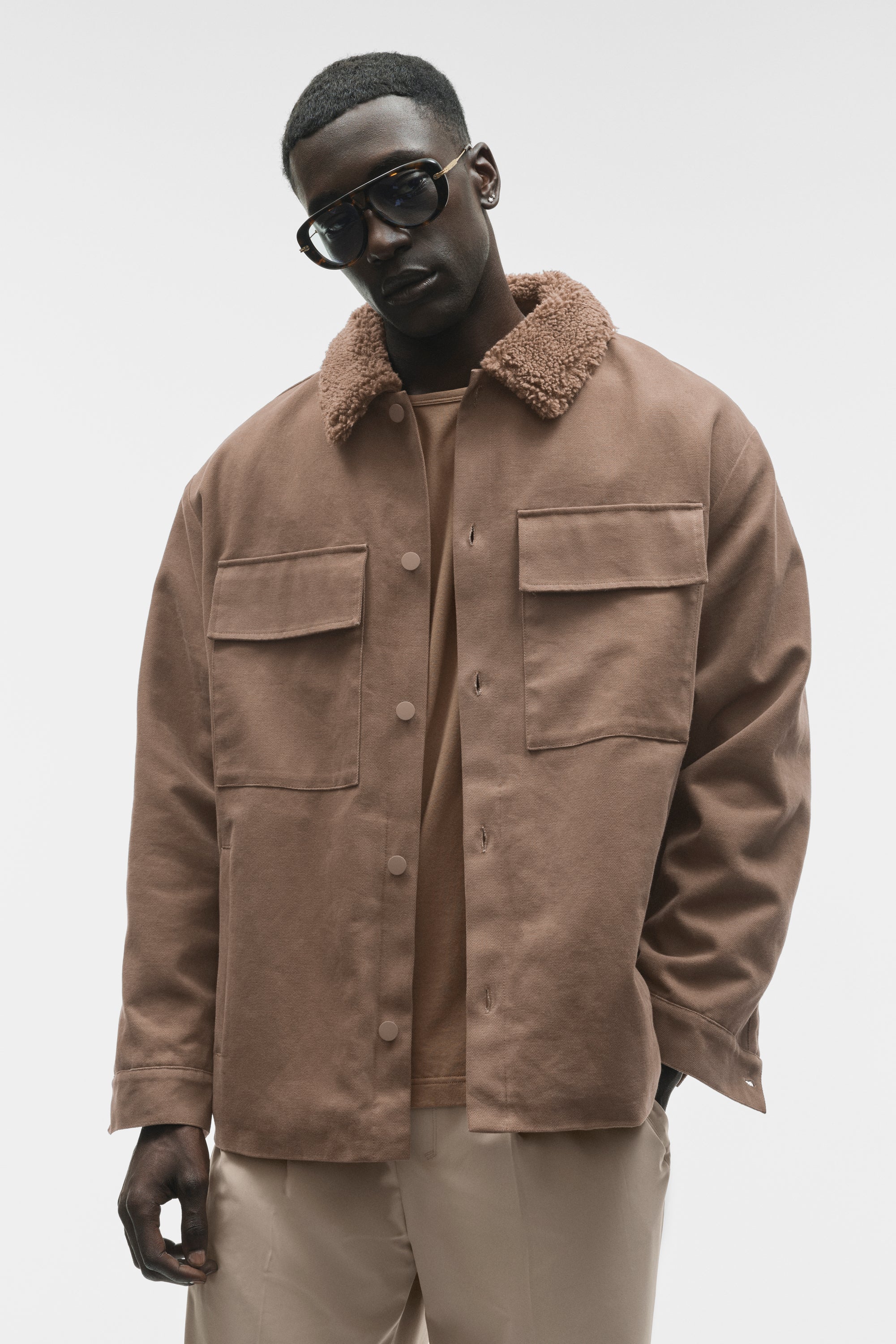 Canvas Utility Shacket in Java Brown with Sherpa Collar and Fleece Lining