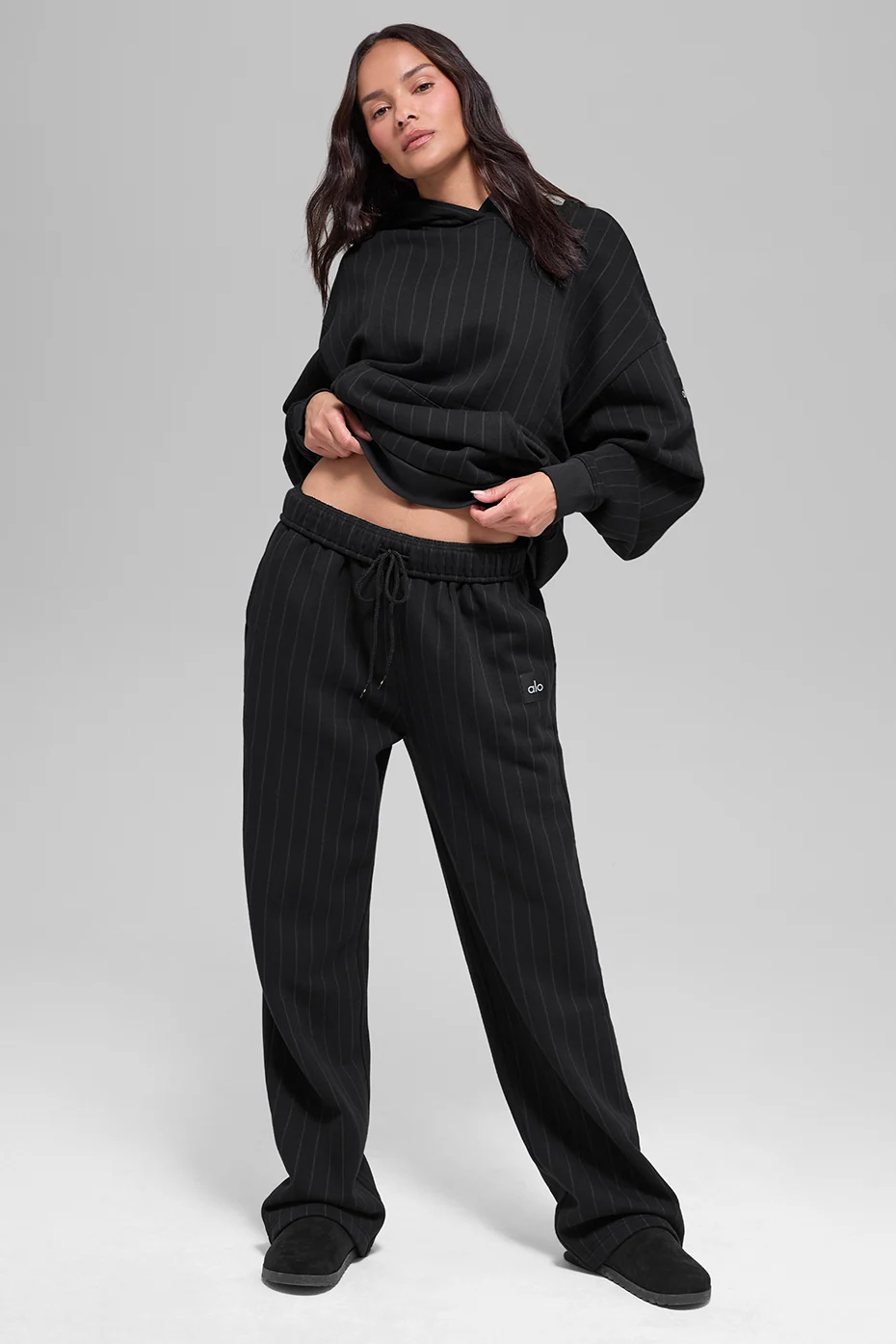 Pinstripe Straight Leg Sweatpant in Black Pinstripe Heavyweight Fleece
