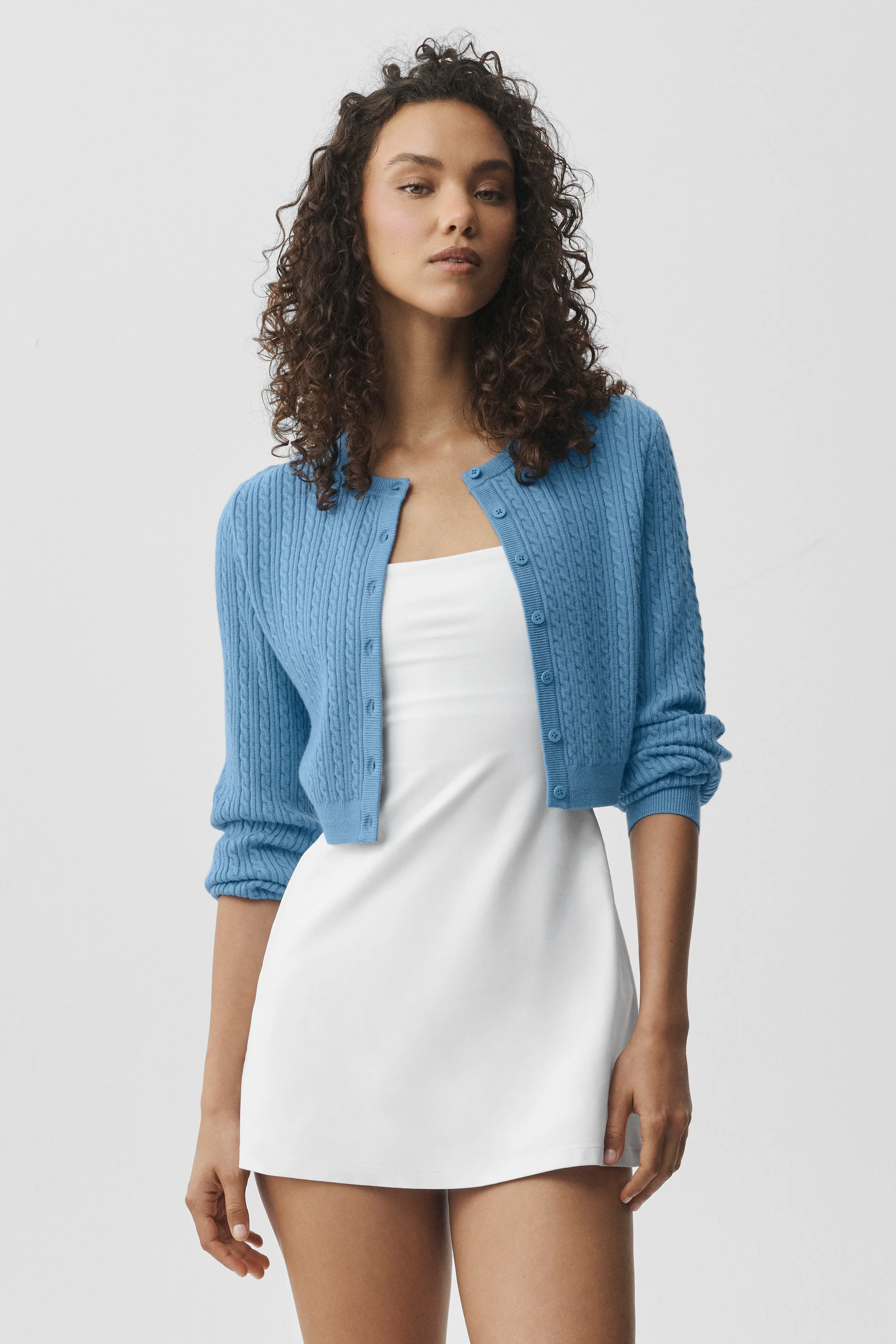 Mini Cable Sweater Cardigan in California Blue Cable Knit