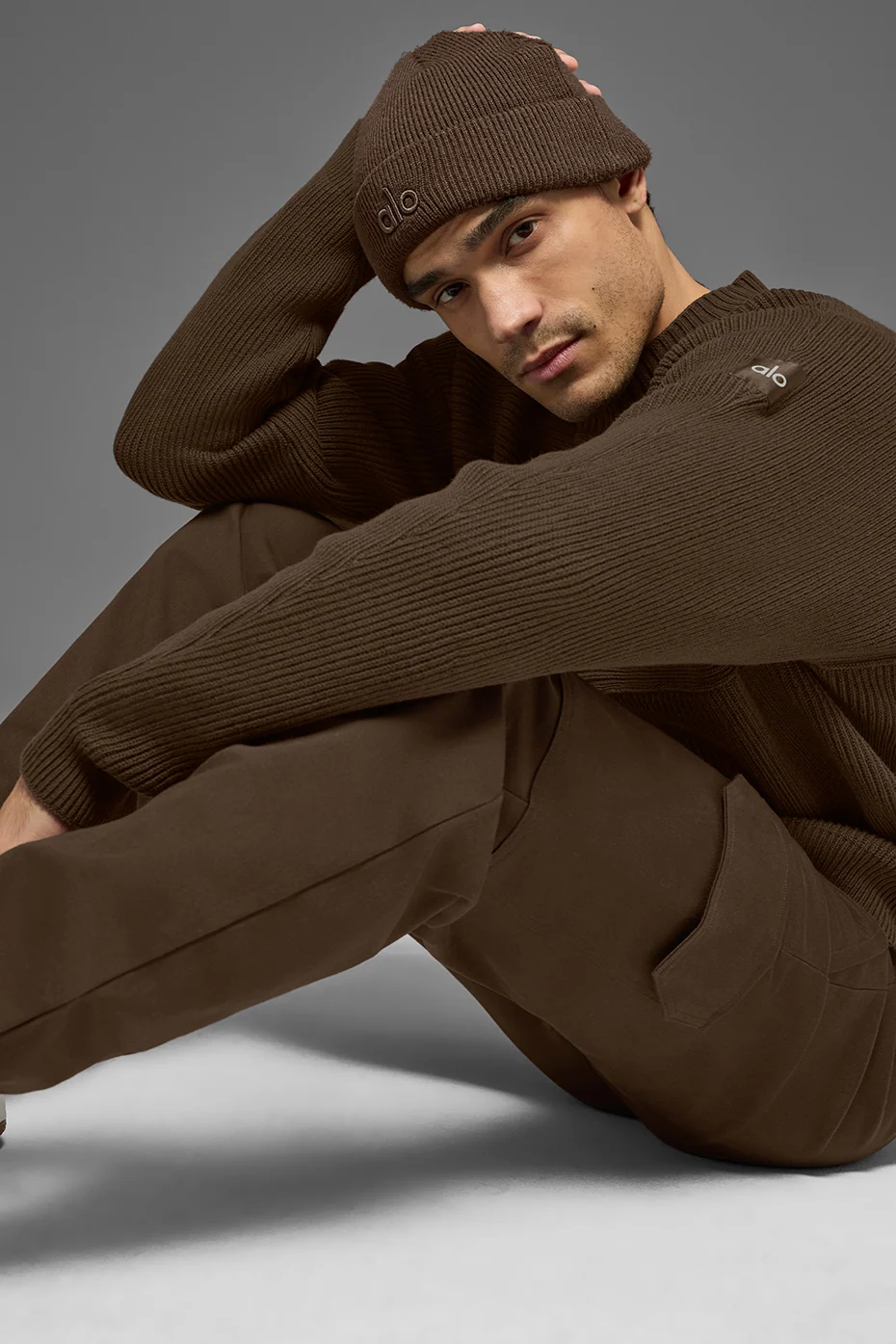Notable Beanie in Espresso Ribbed Knit with ALO Logo