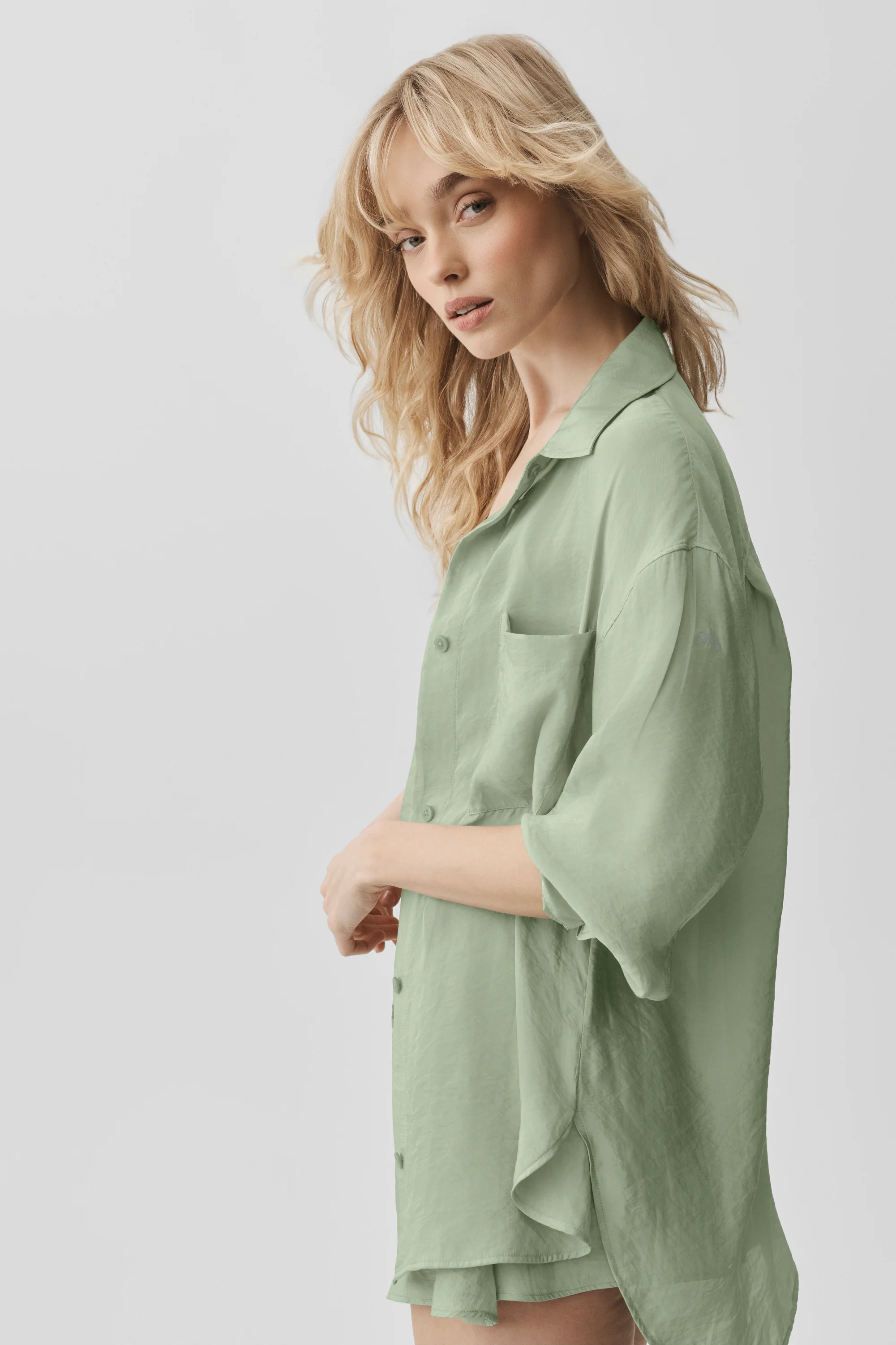 Semi-Sheer Golden Hour Button Down Long Sleeve in Dune Grass