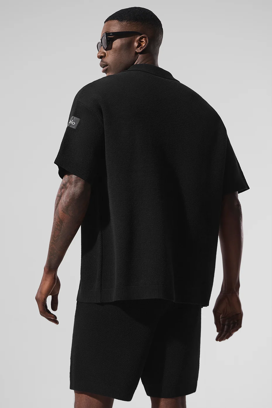 Sports Club Sweater Knit Short Sleeve Button Up in Black