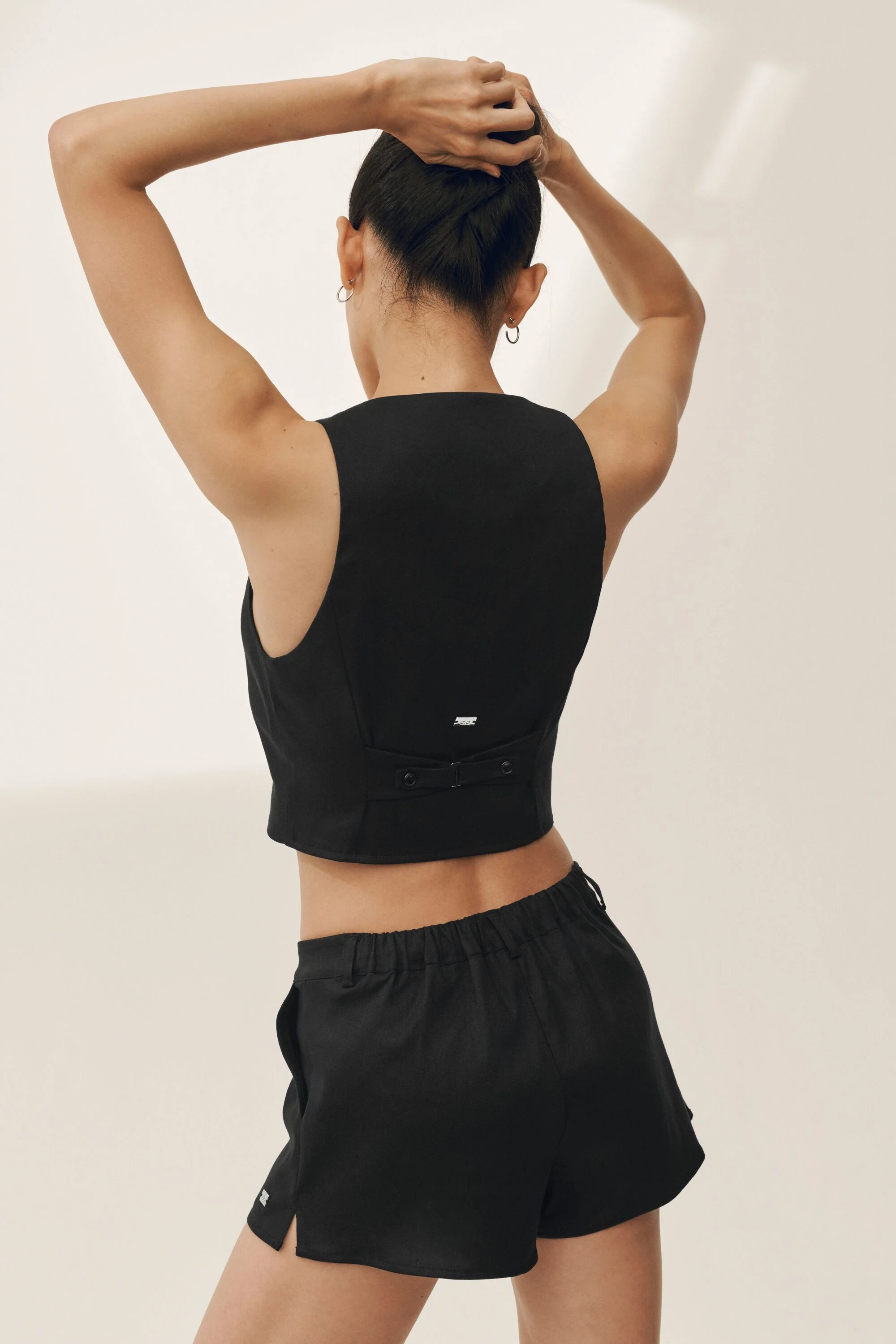Linen Blend Riviera Vest in Black with Deep V-Neck
