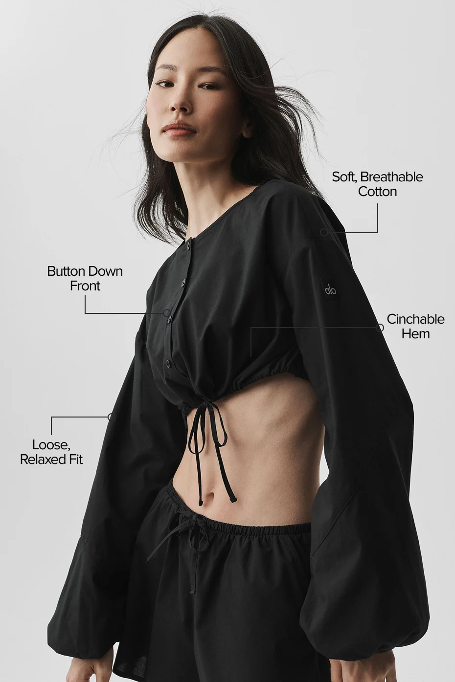Cotton Cropped Real Deal Long Sleeve Black Button-Front Top