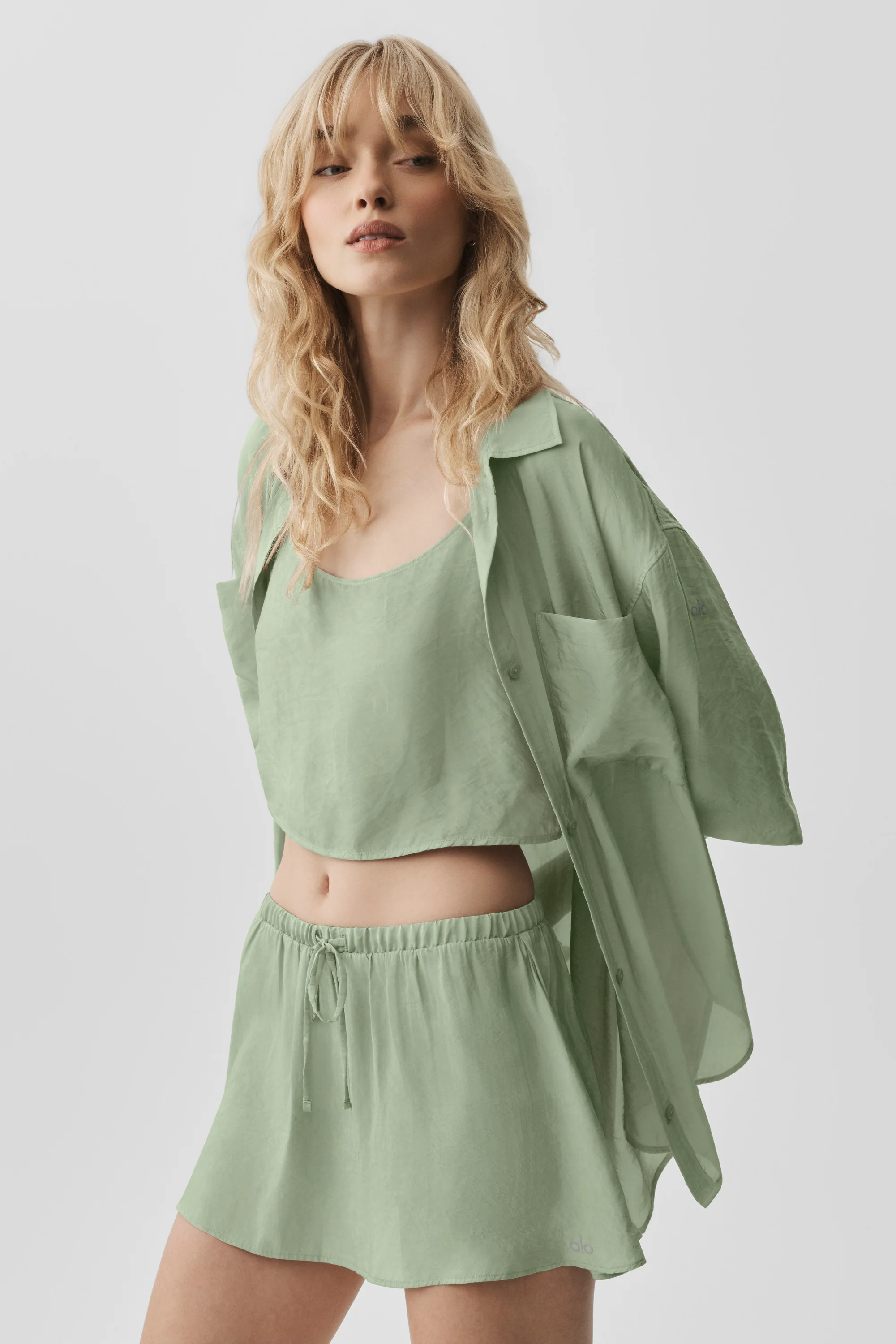 Semi-Sheer Golden Hour Button Down Long Sleeve in Dune Grass
