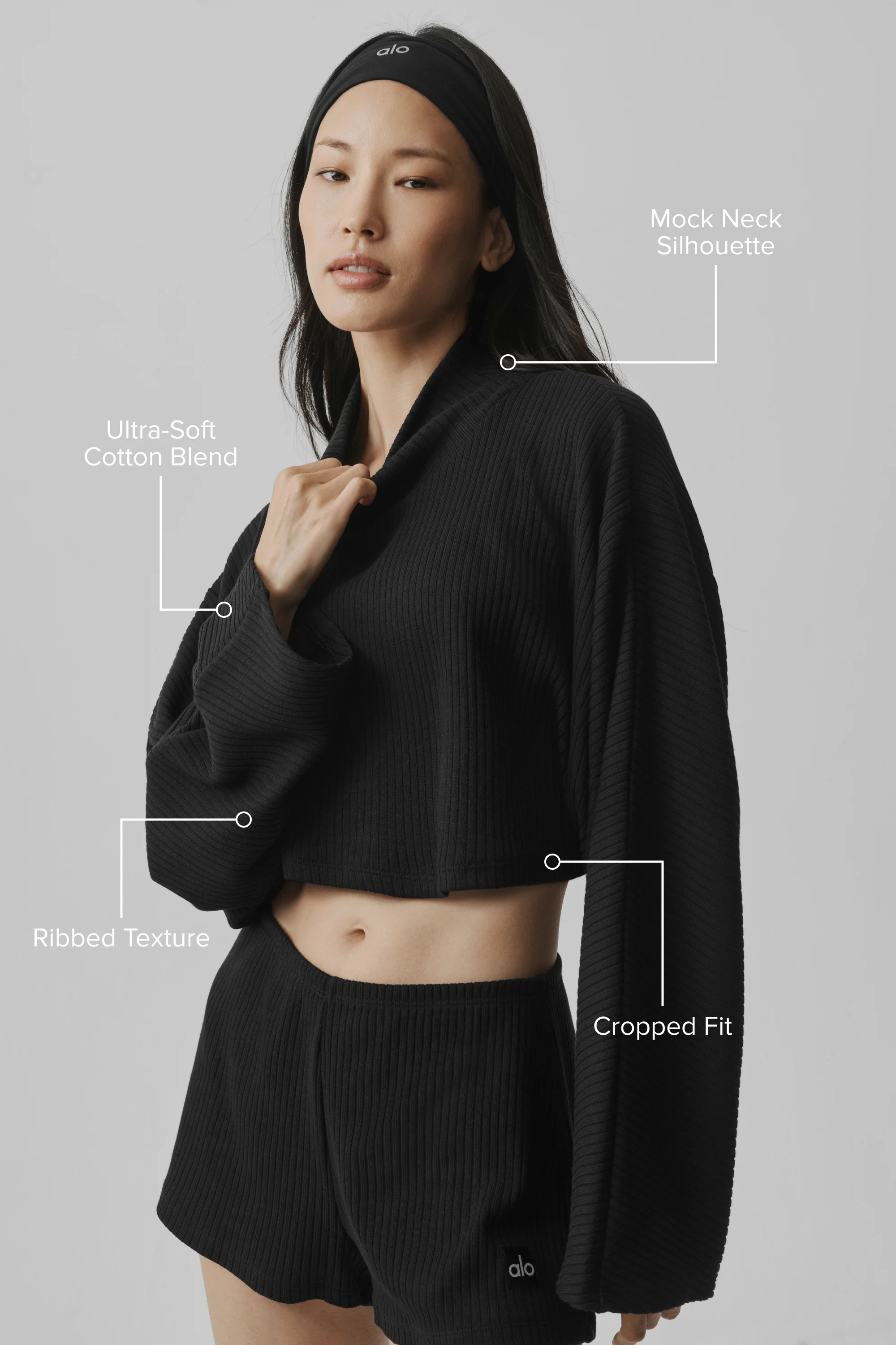 Ribbed Cropped Reset Long Sleeve Top in Black