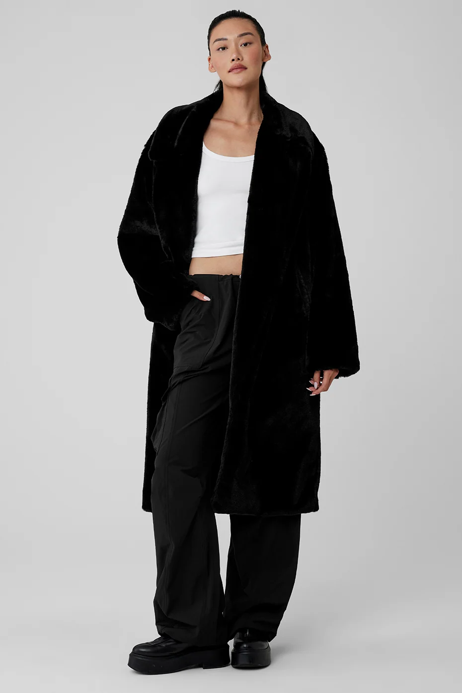 Oversized Faux Fur Trench in Black With Zippered Pockets and Satiny Lining