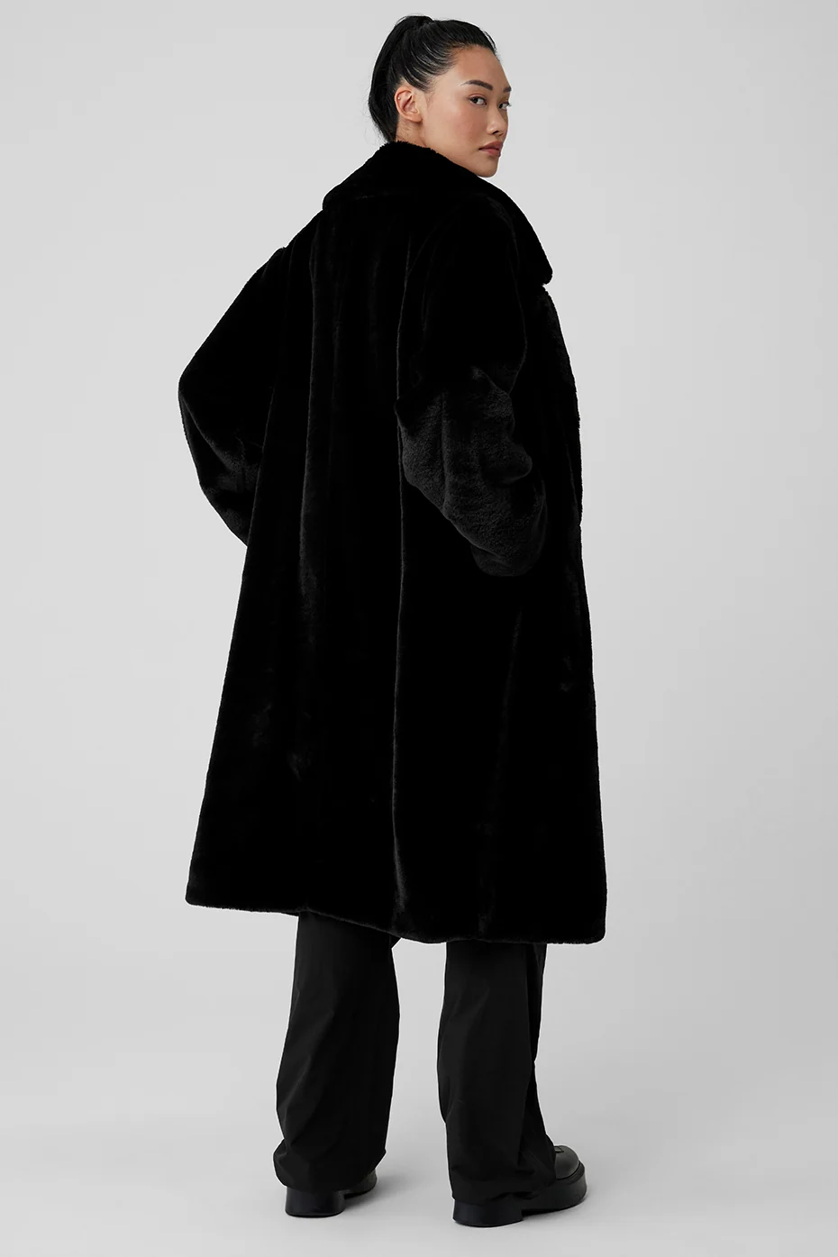 Oversized Faux Fur Trench in Black With Zippered Pockets and Satiny Lining