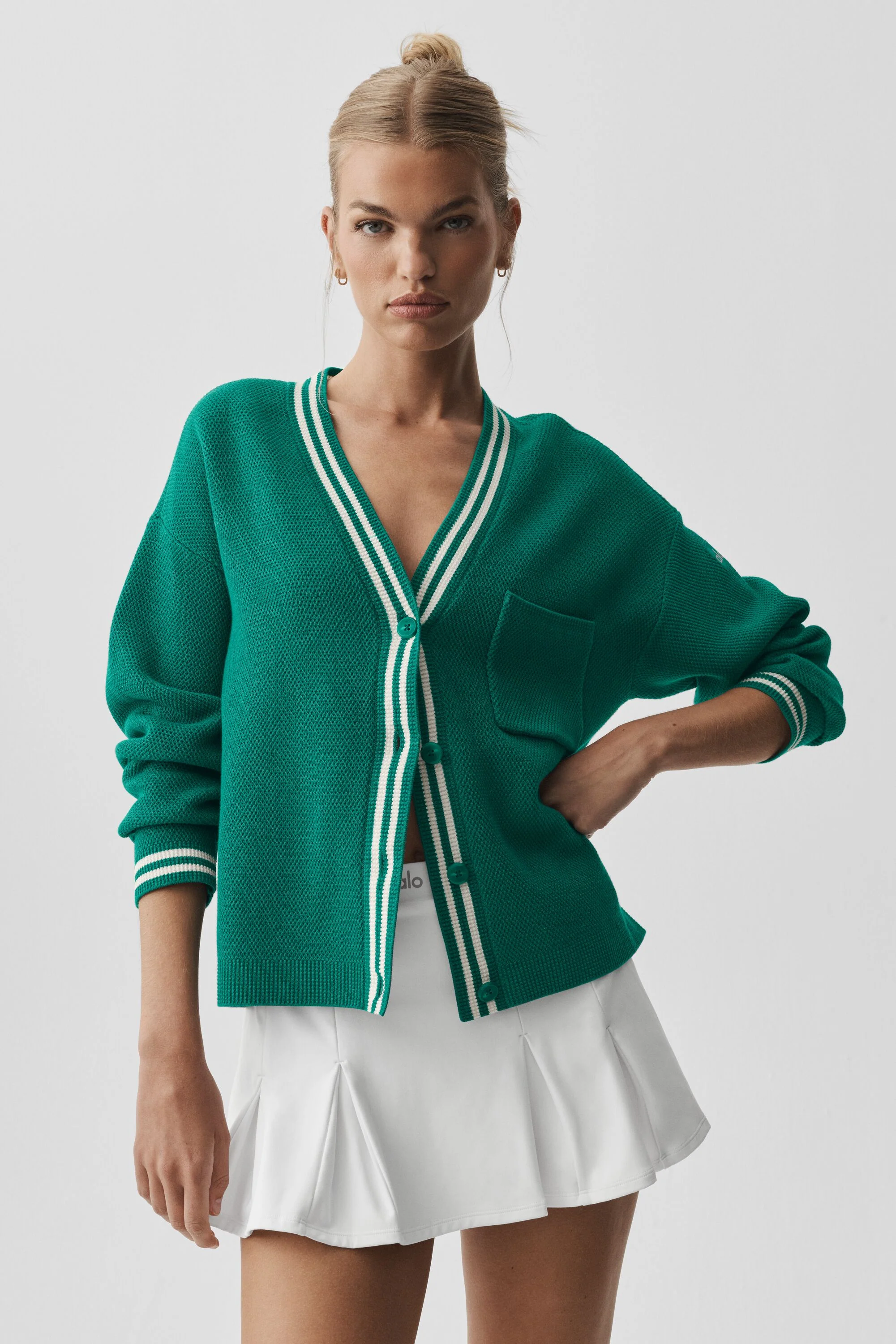 Tennis Club Sweater Knit Cardigan in Emerald Isle and Ivory