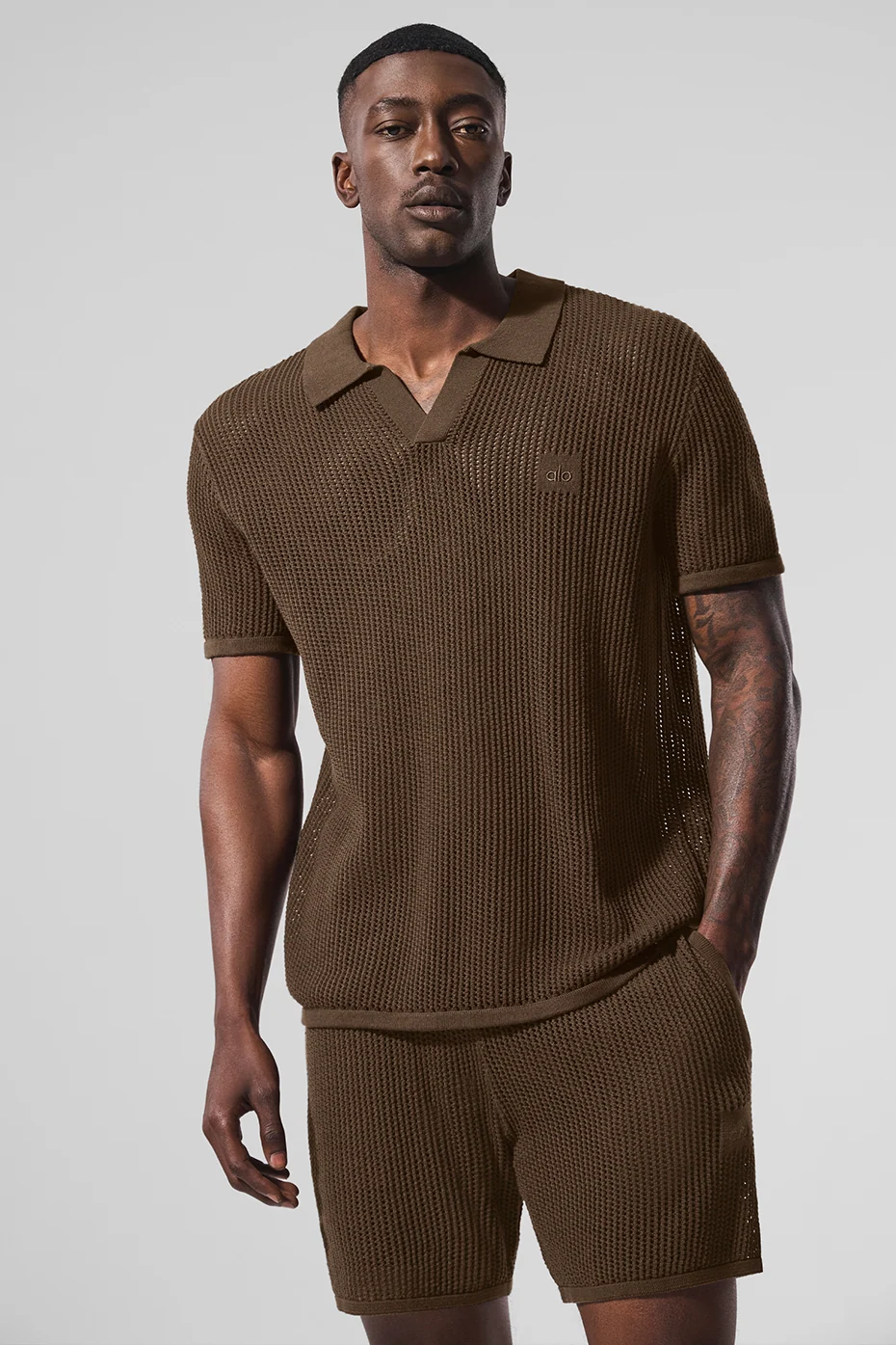Open-Knit Polo in Espresso with V-Neck and Collar