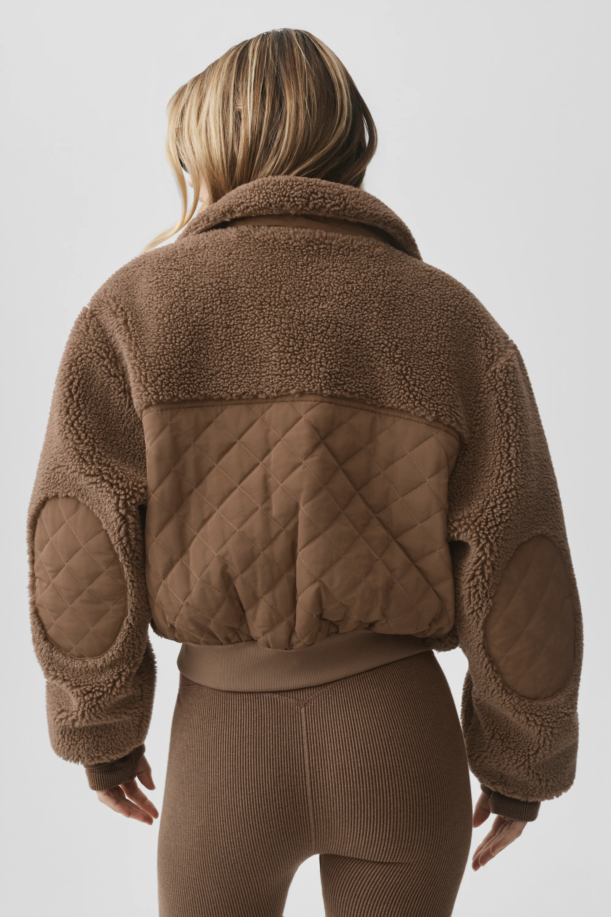 Sherpa Edge Bomber Jacket in Java Brown with Quilted Patches
