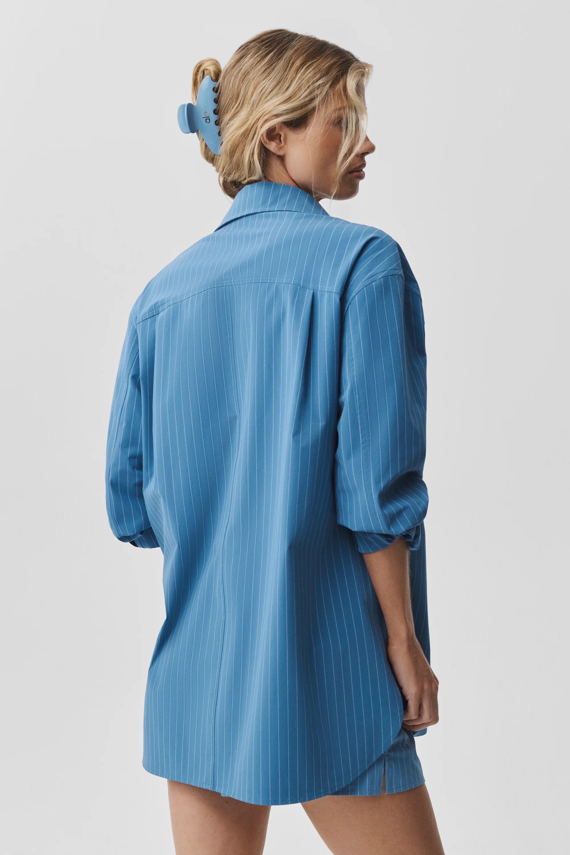 Camicia a maniche lunghe button down gessato California blu e bianco