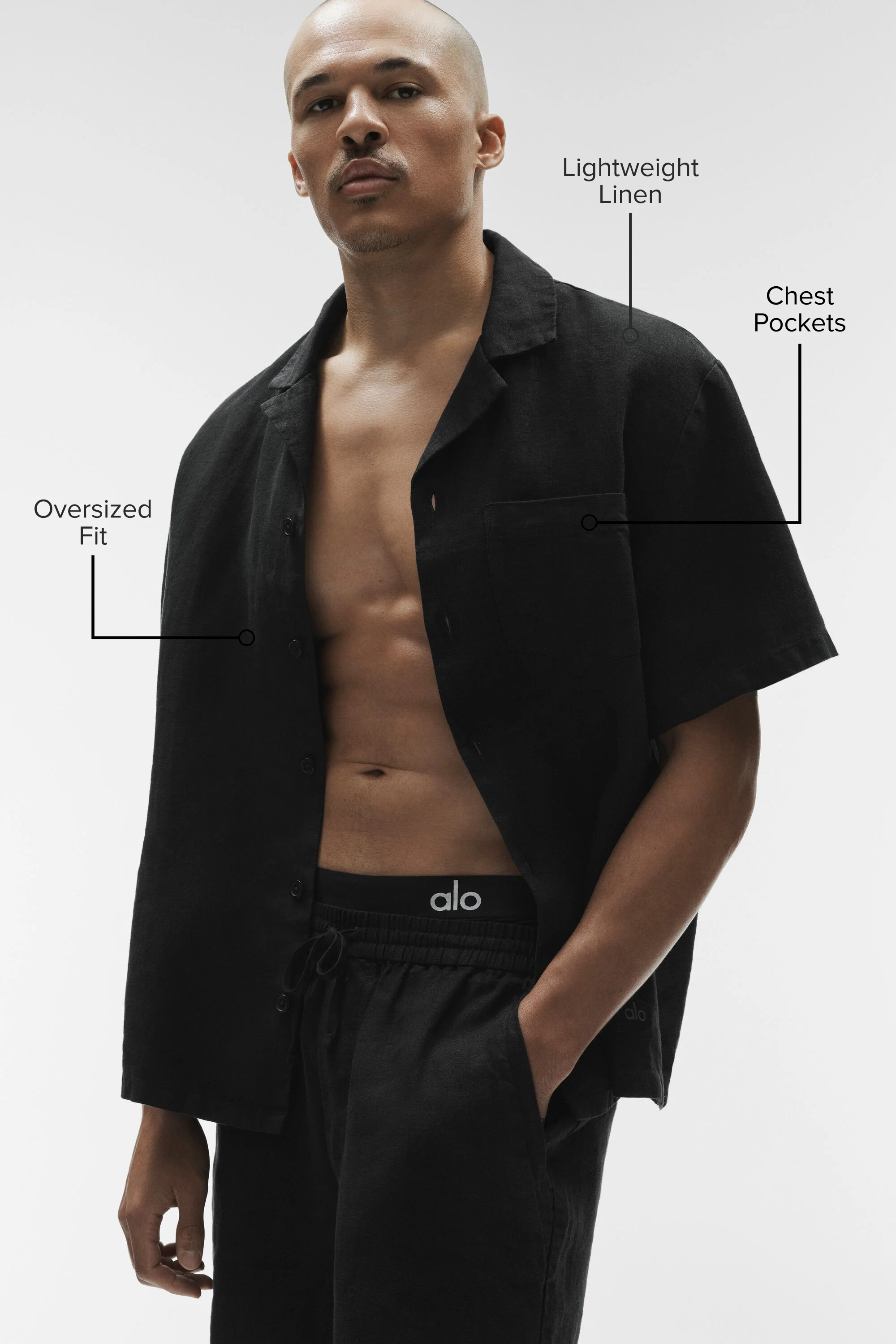 Chemise boutonnée à manches courtes Linen Days en noir, coupe boxy