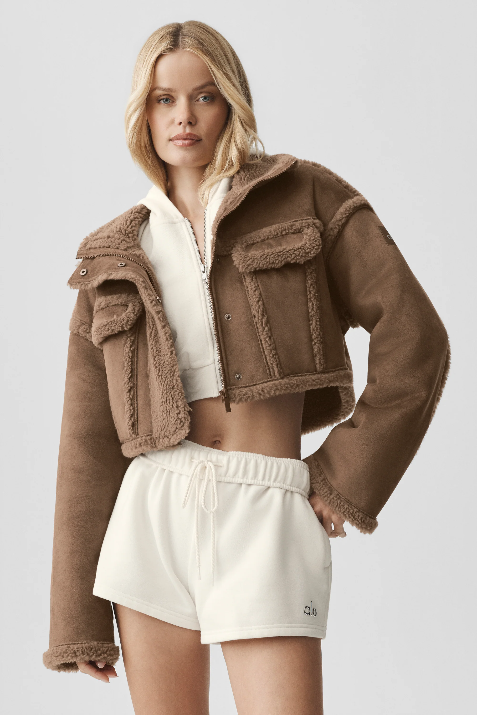Faux Shearling Snowfall Cropped Jacket in Java Brown