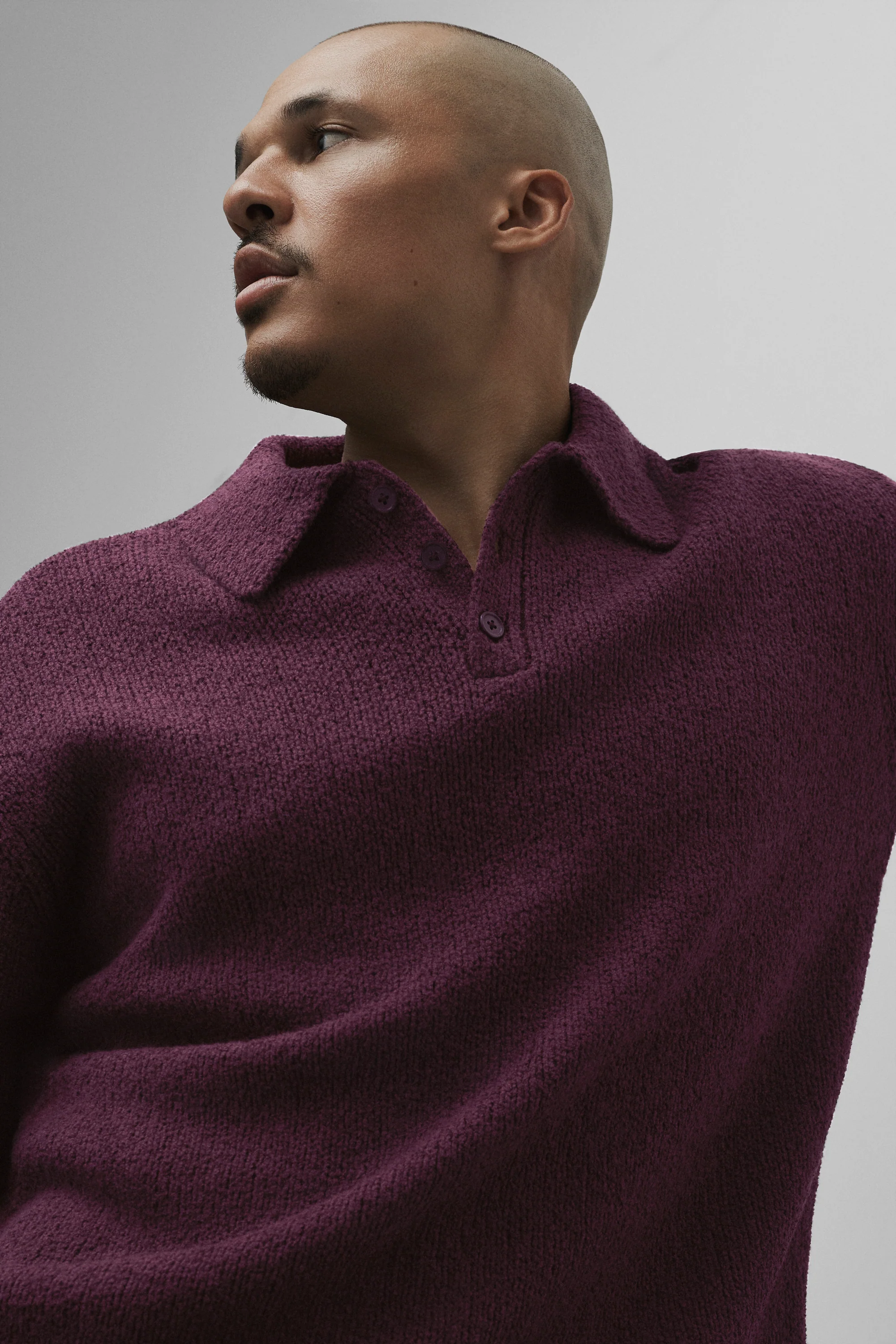 Textured Knit Long Sleeve Polo in Rich Bordeaux