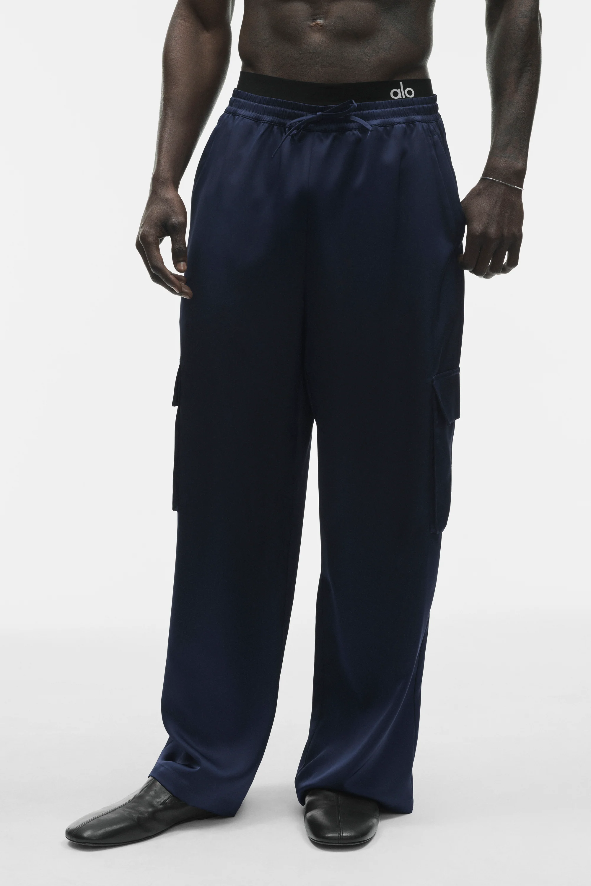 Satin Horizon Straight Leg Cargo Pant in Navy with Zip and Velcro Pockets