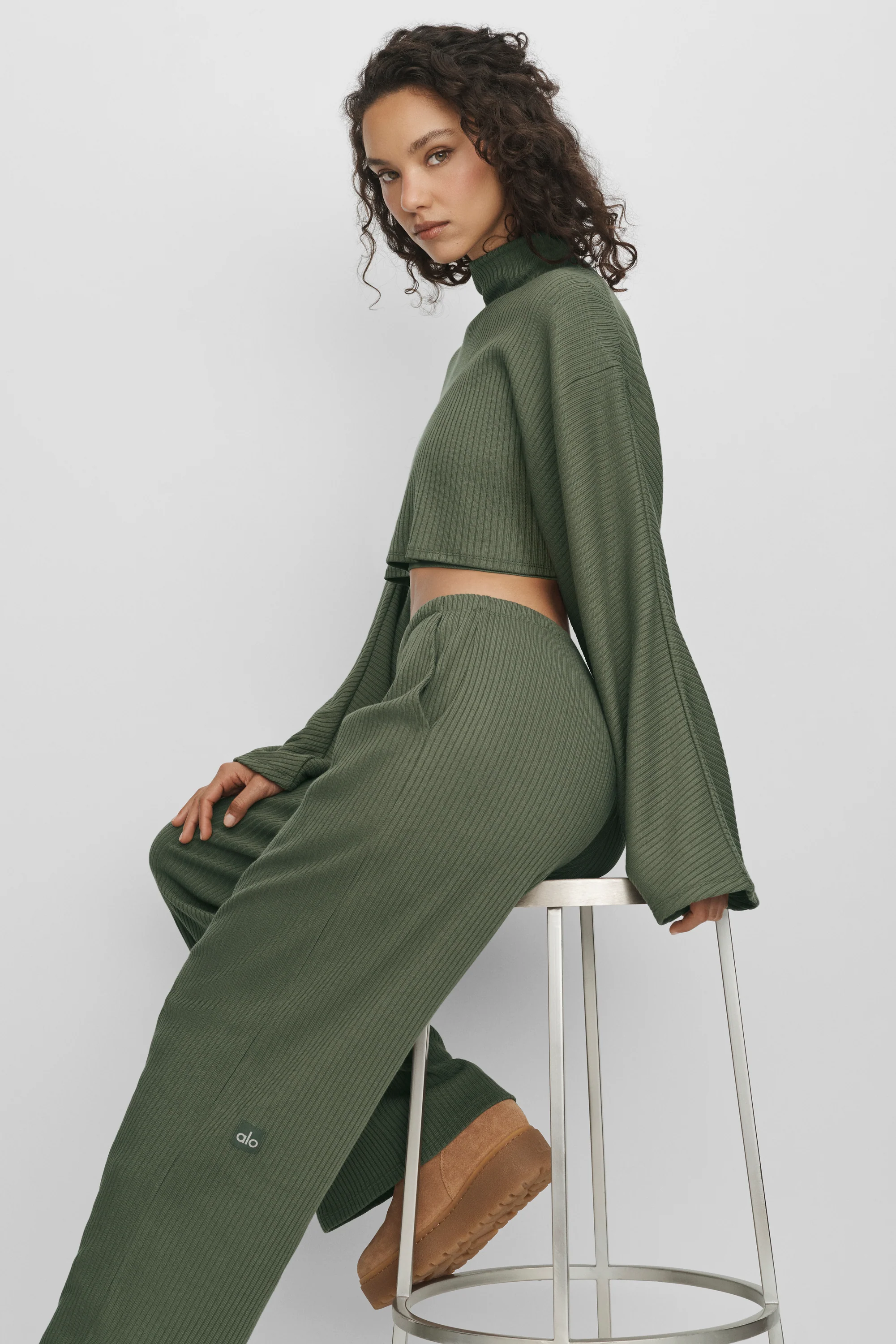 Ribbed Cropped Reset Long Sleeve in Bamboo Green