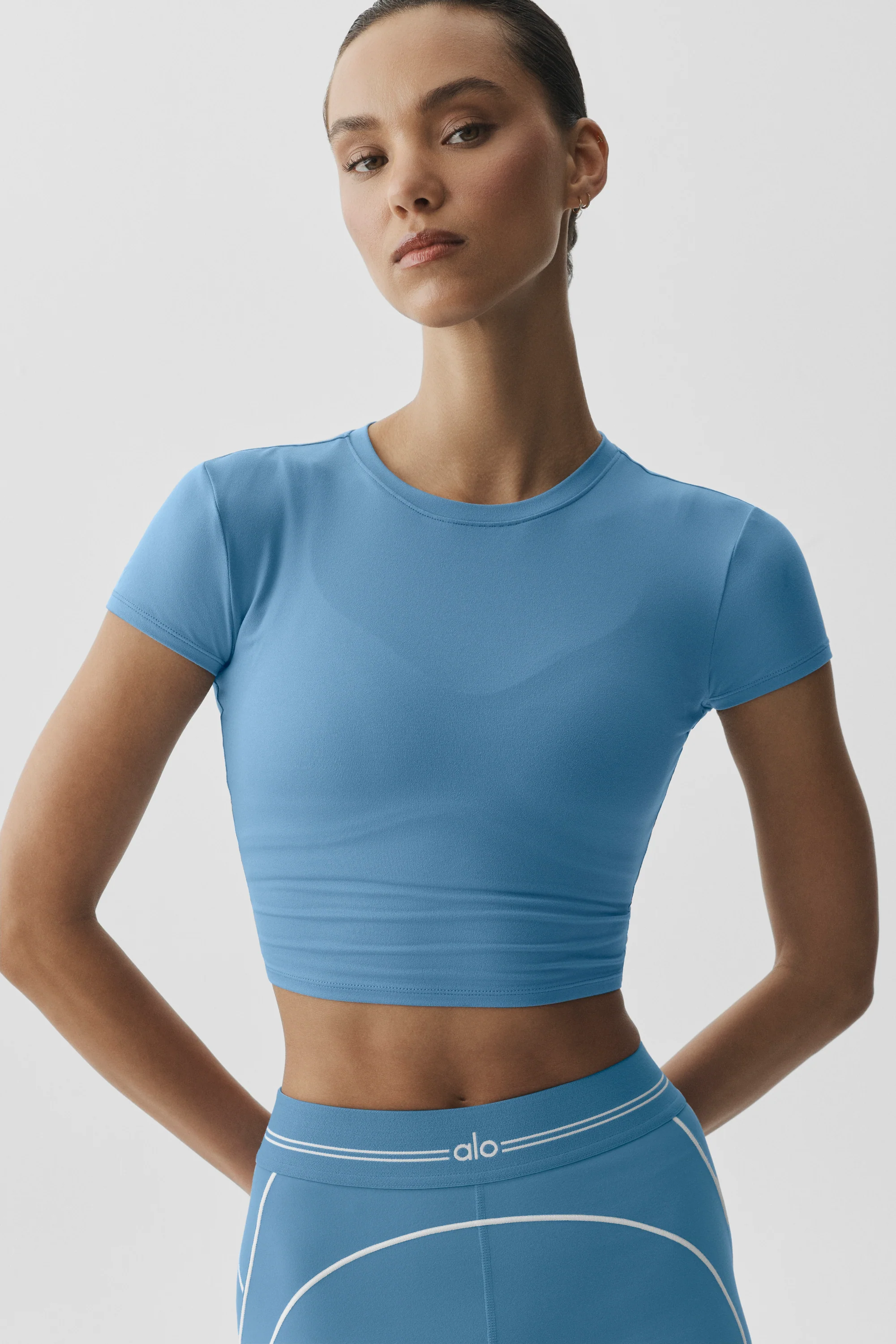 Alosoft Crop Finesse Short Sleeve Baby Tee in California Blue