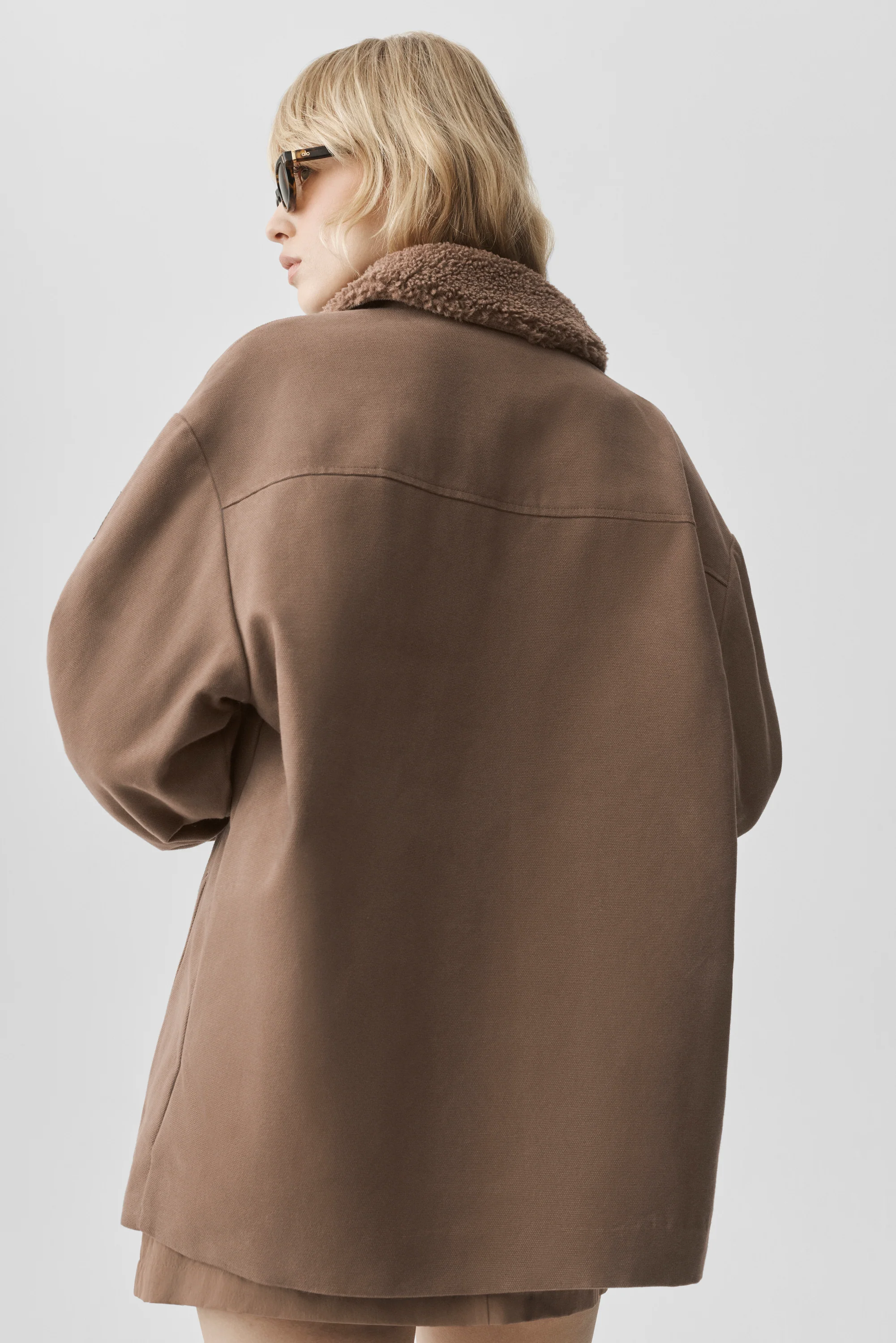 Canvas Utility Shacket in Java Brown with Sherpa Collar for Women