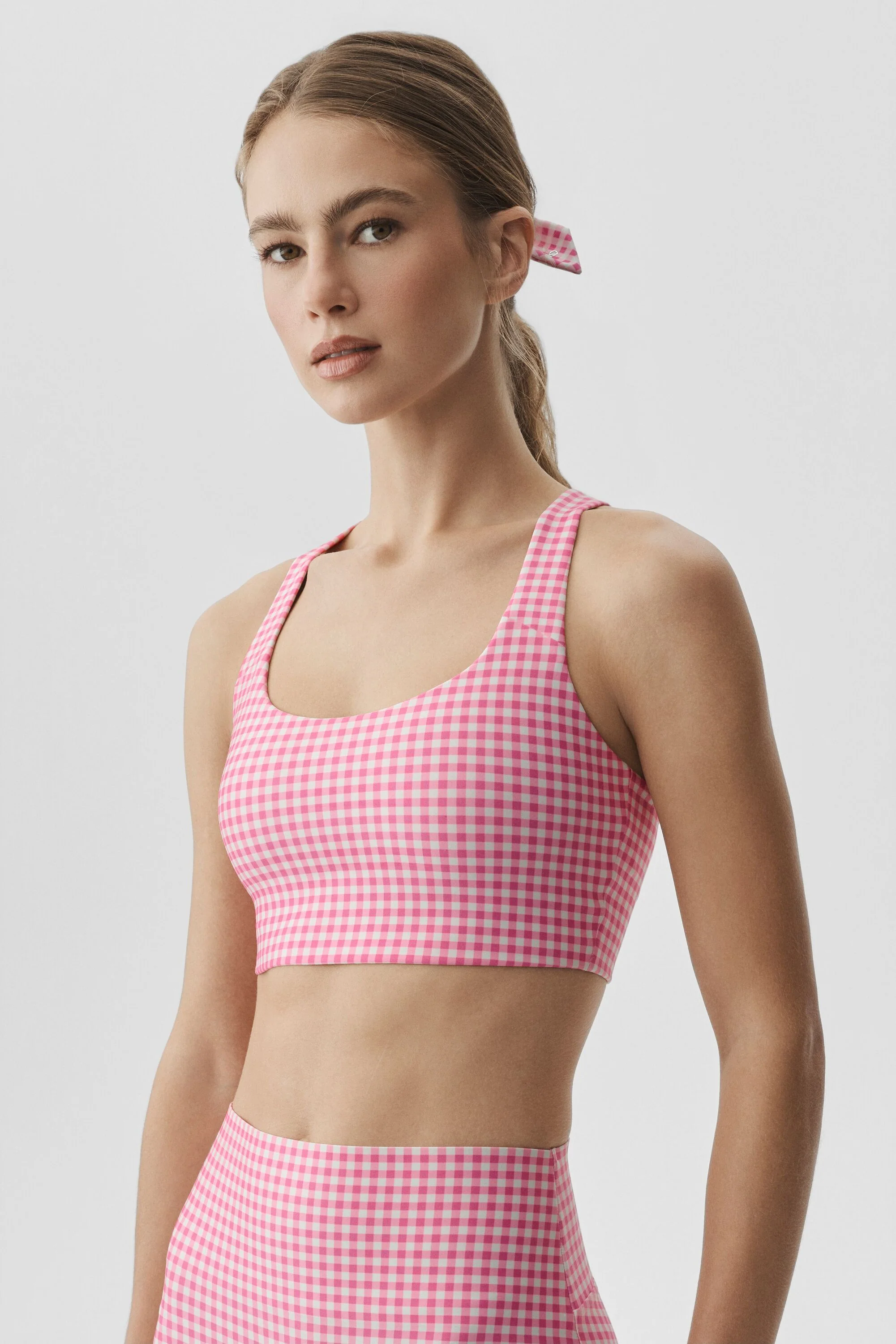 Airlift Gingham Sleek Bra Tank in Paradise Pink Gingham