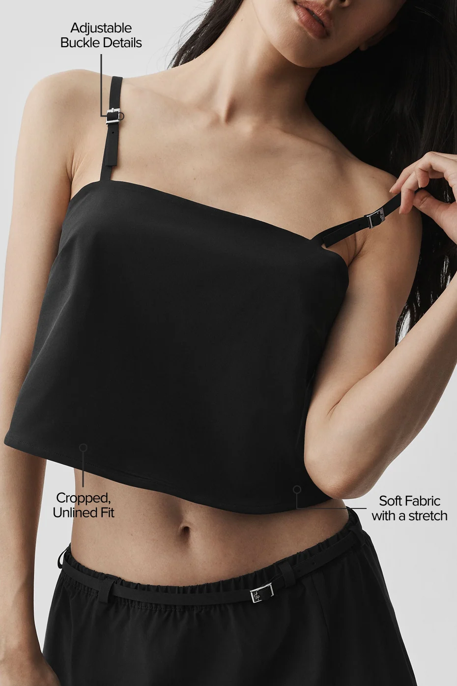 Cropped Connection Tank in Black with Buckle Straps and Unlined Fit