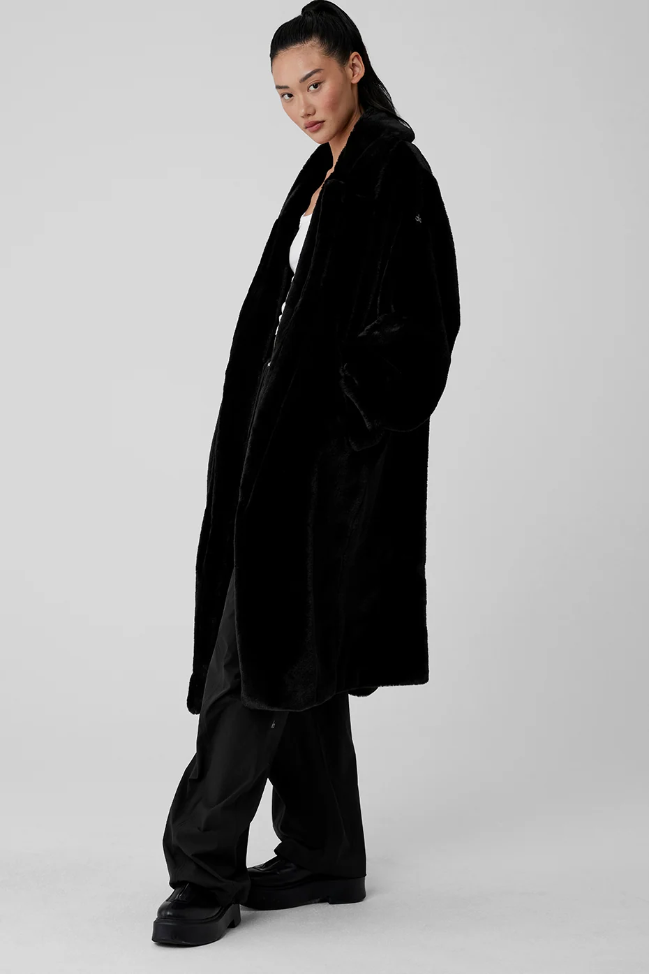 Oversized Faux Fur Trench in Black with Notched Collar