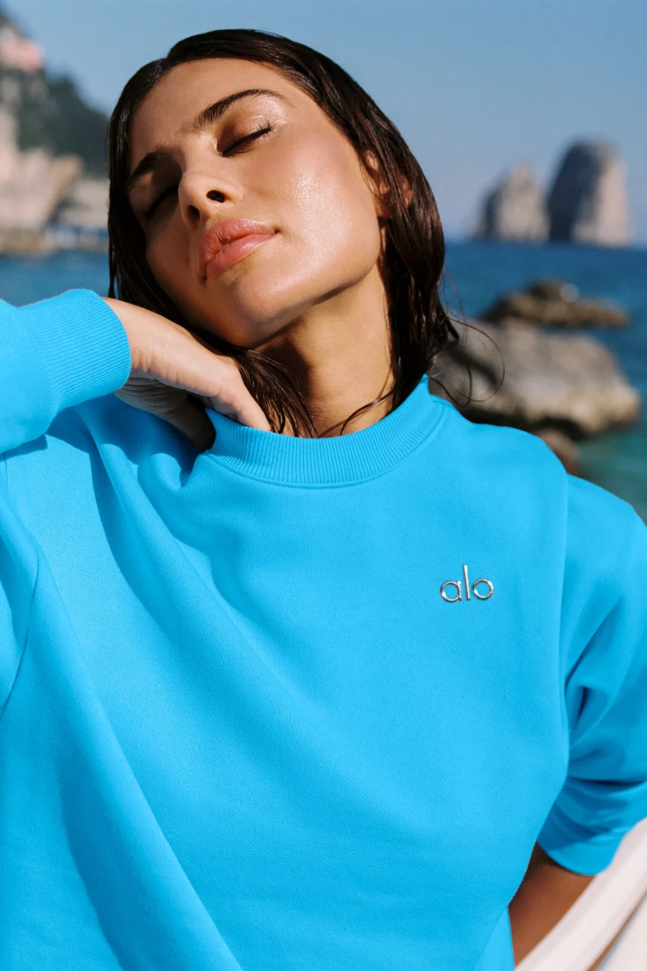 Women's Accolade Crew Neck Pullover, Azure Blue French Terry