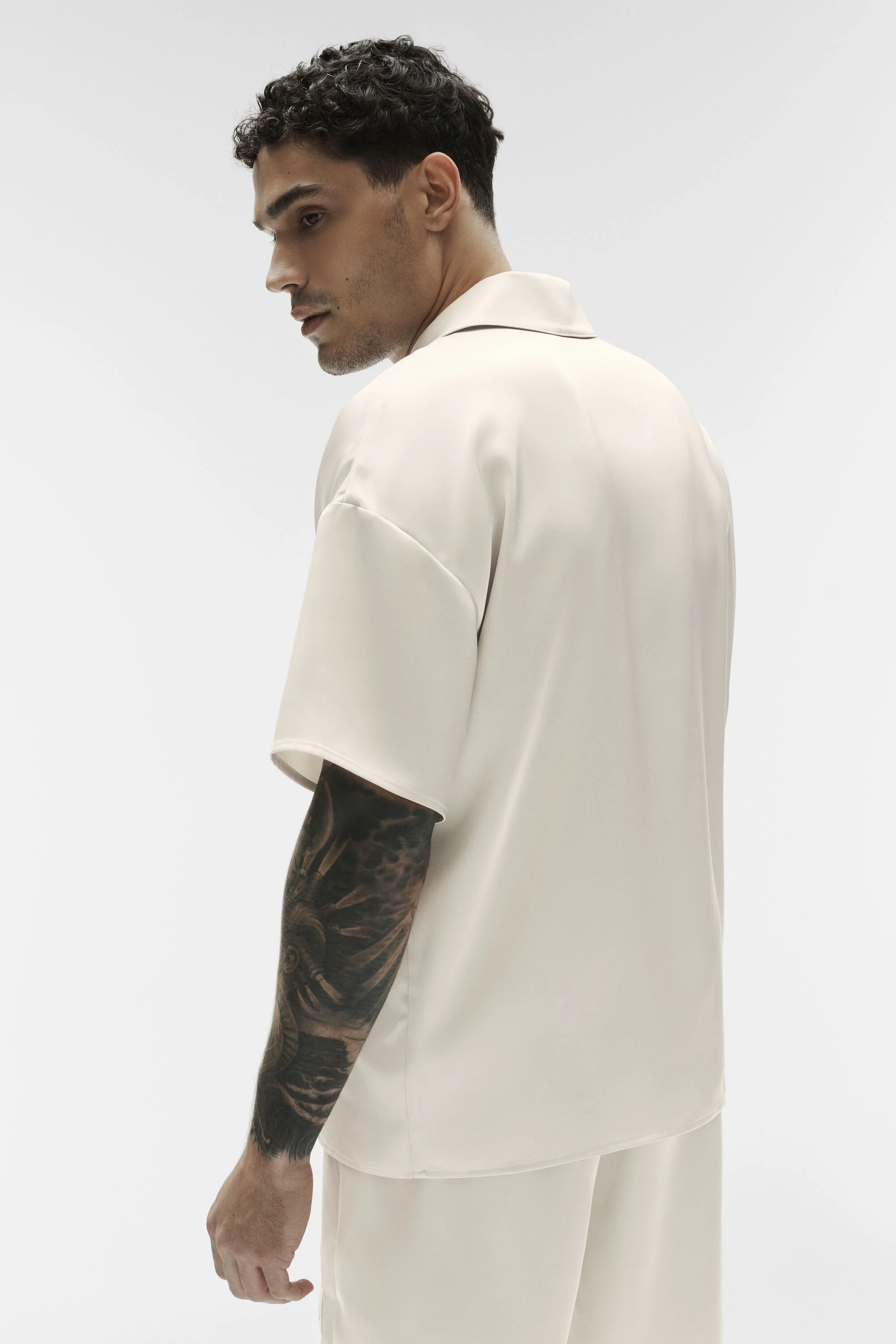 Satin Horizon Short Sleeve Button Up Shirt in Bone