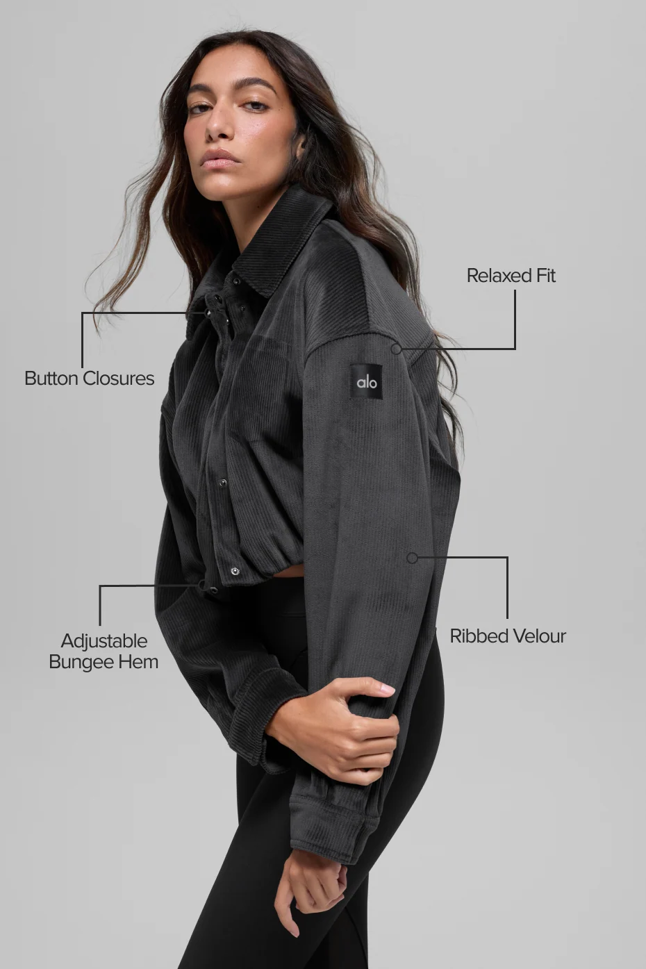 Ribbed Velour Cropped Mountain Side Jacket in Black