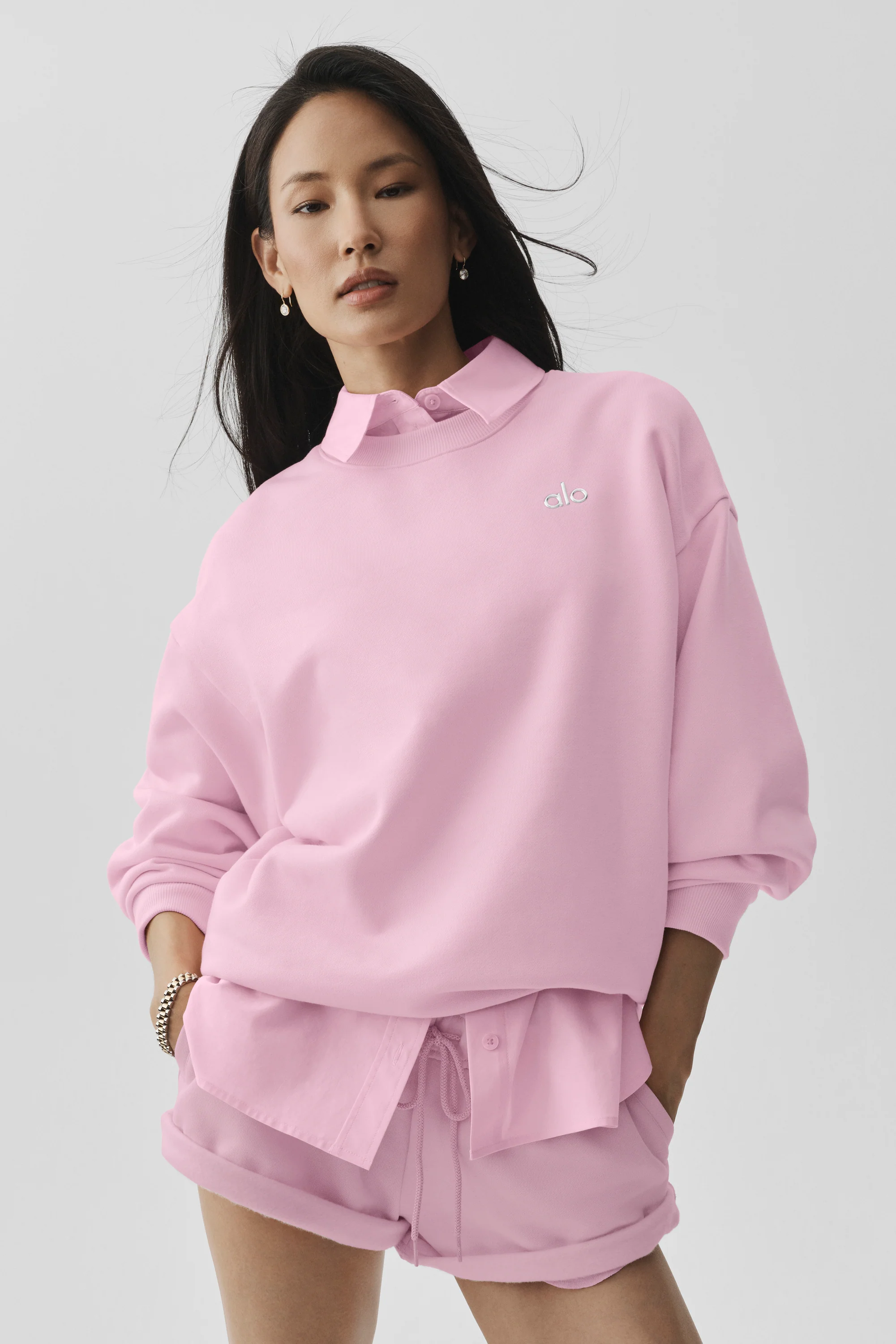 Accolade Crew Neck Pullover in Pink Marshmallow French Terry