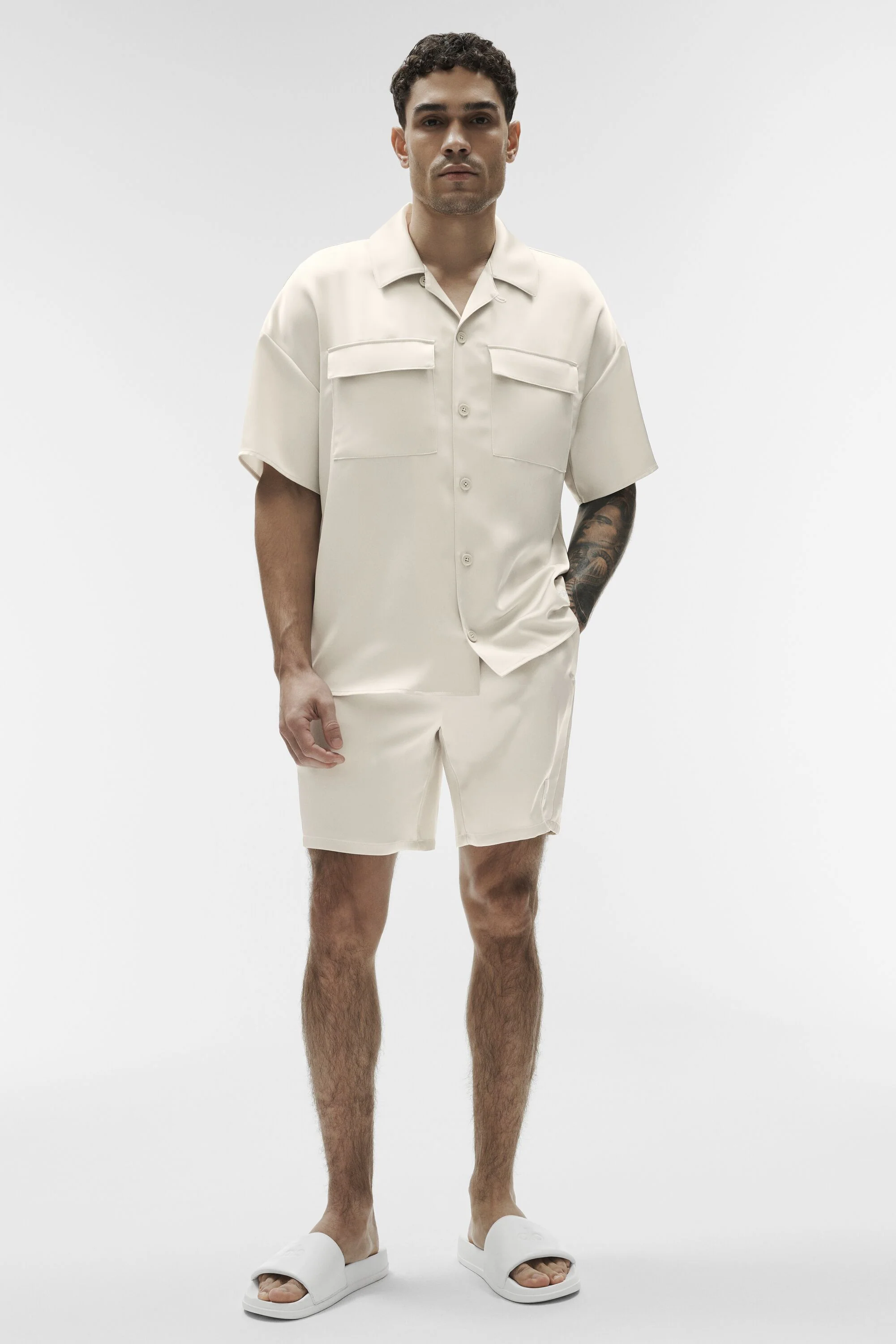 Satin Horizon Short Sleeve Button Up Shirt in Bone