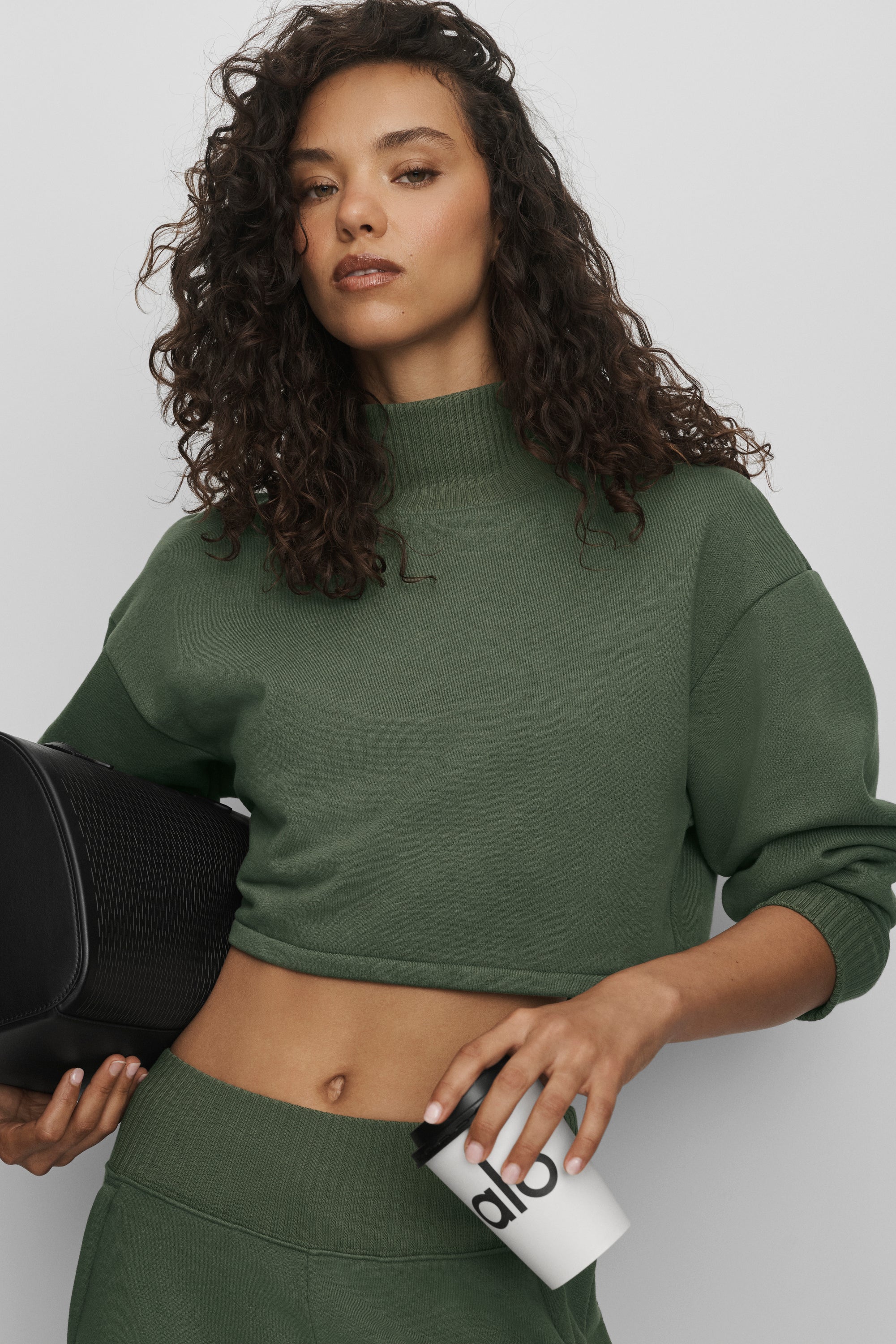 Cropped Serenity Coverup Bamboo Green Ribbed Mock Neck