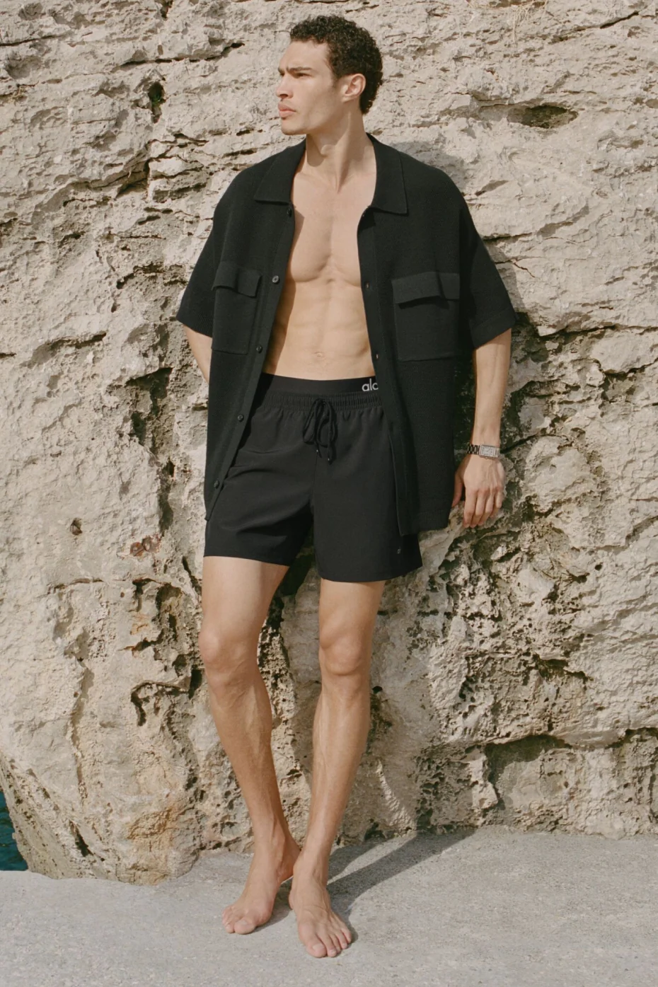 Sports Club Sweater Knit Short Sleeve Button Up in Black