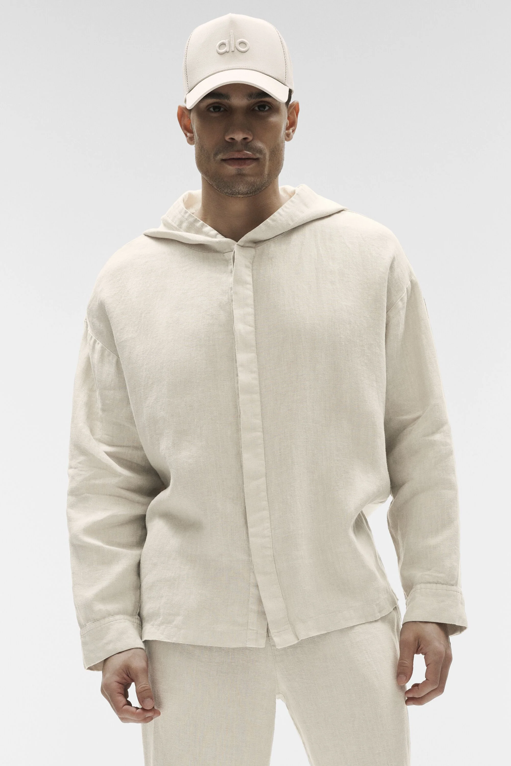 Linen Days Button Up Hoodie in Bone, Lightweight Linen Layer