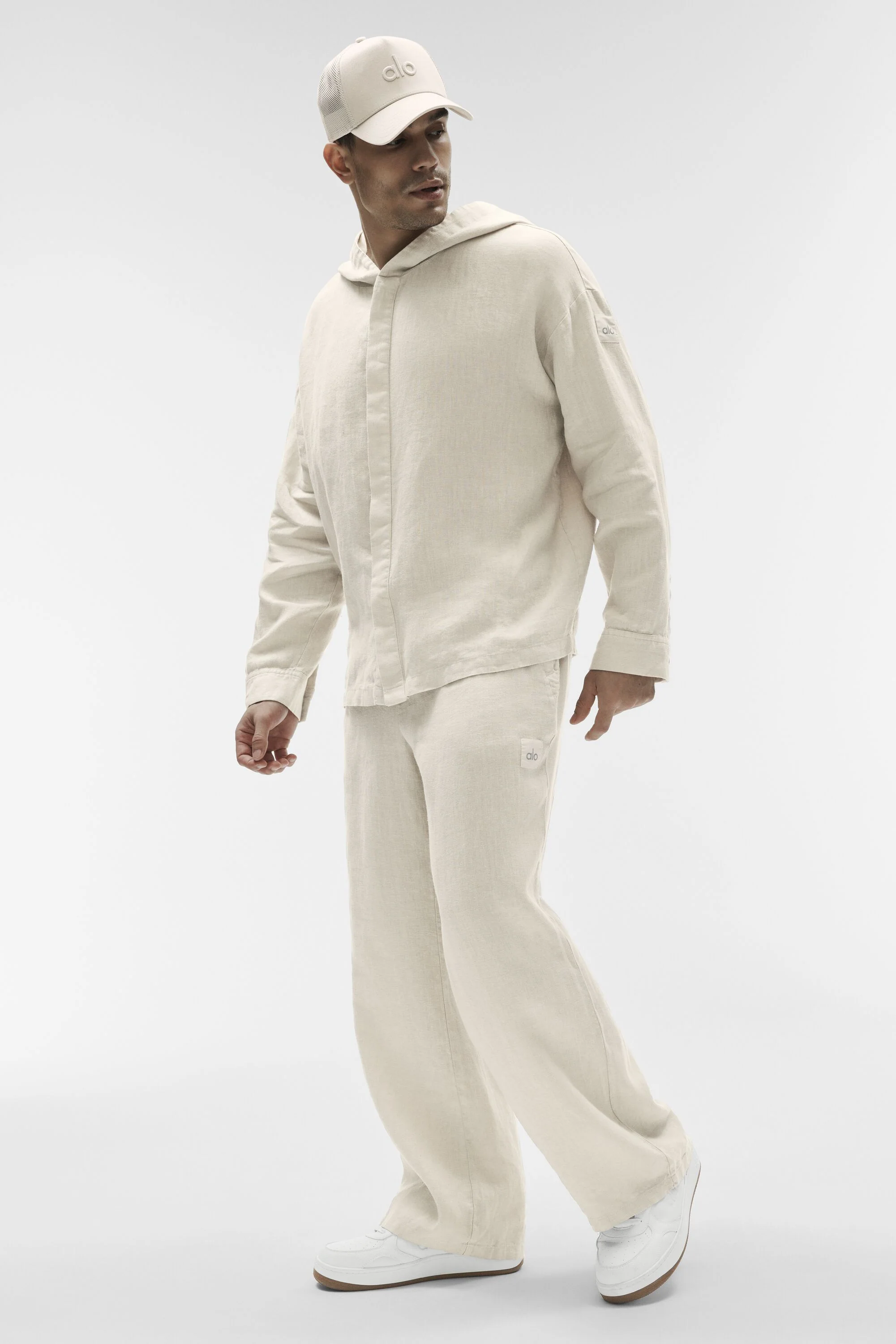 Linen Days Button Up Hoodie in Bone, Lightweight Linen Layer