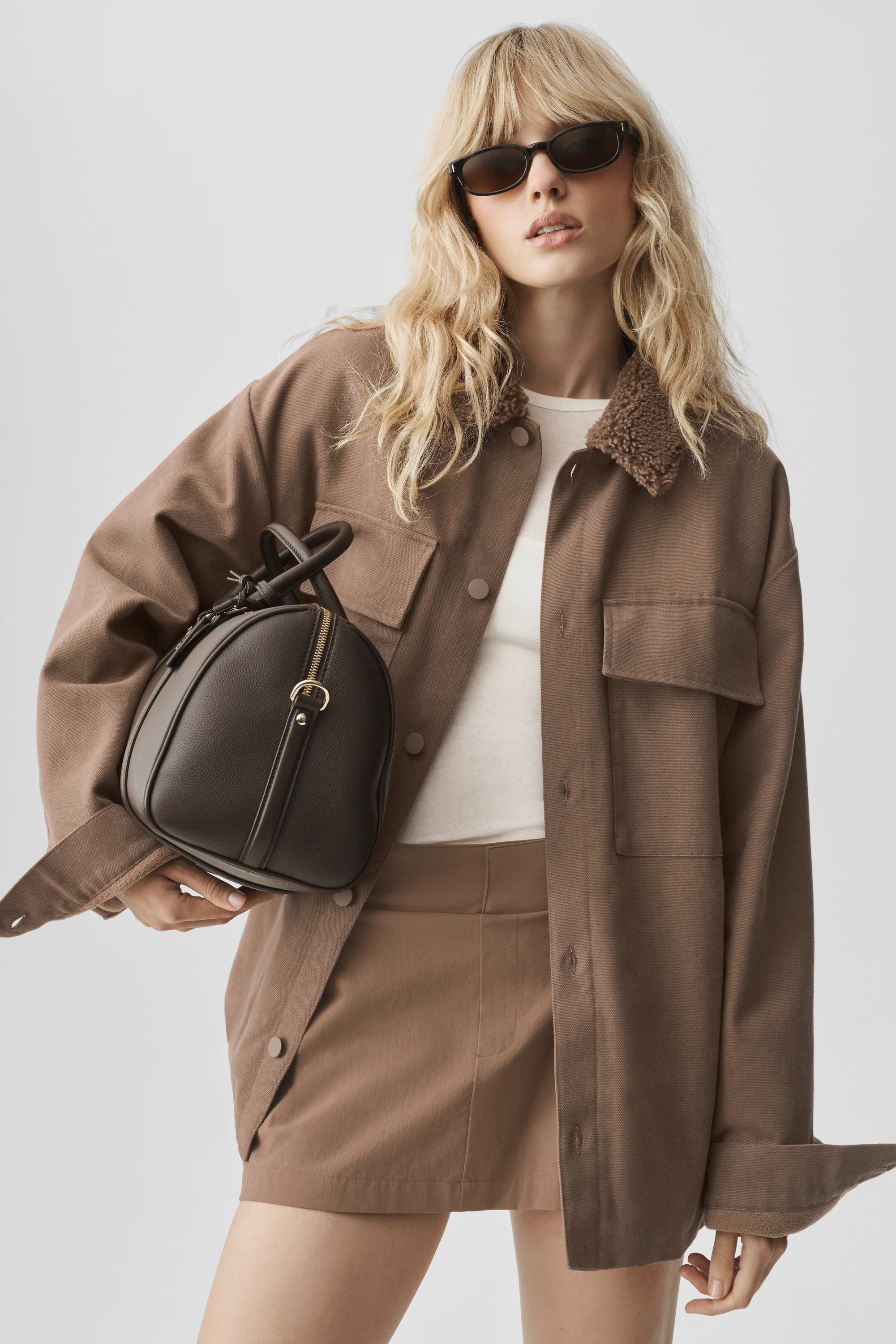 Canvas Utility Shacket in Java Brown with Sherpa Collar for Women