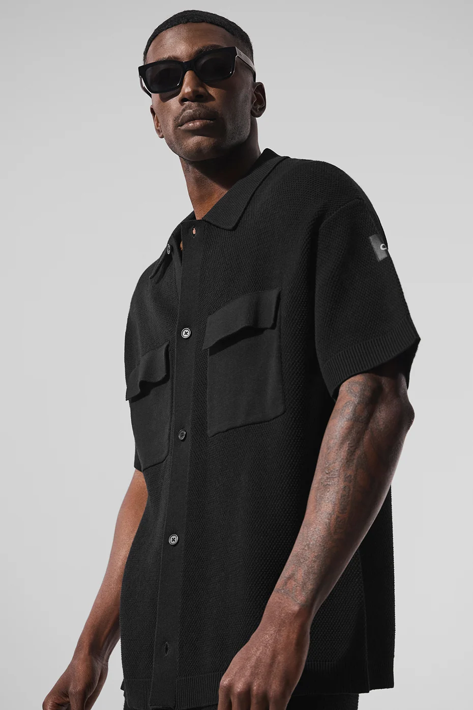 Sports Club Sweater Knit Short Sleeve Button Up in Black