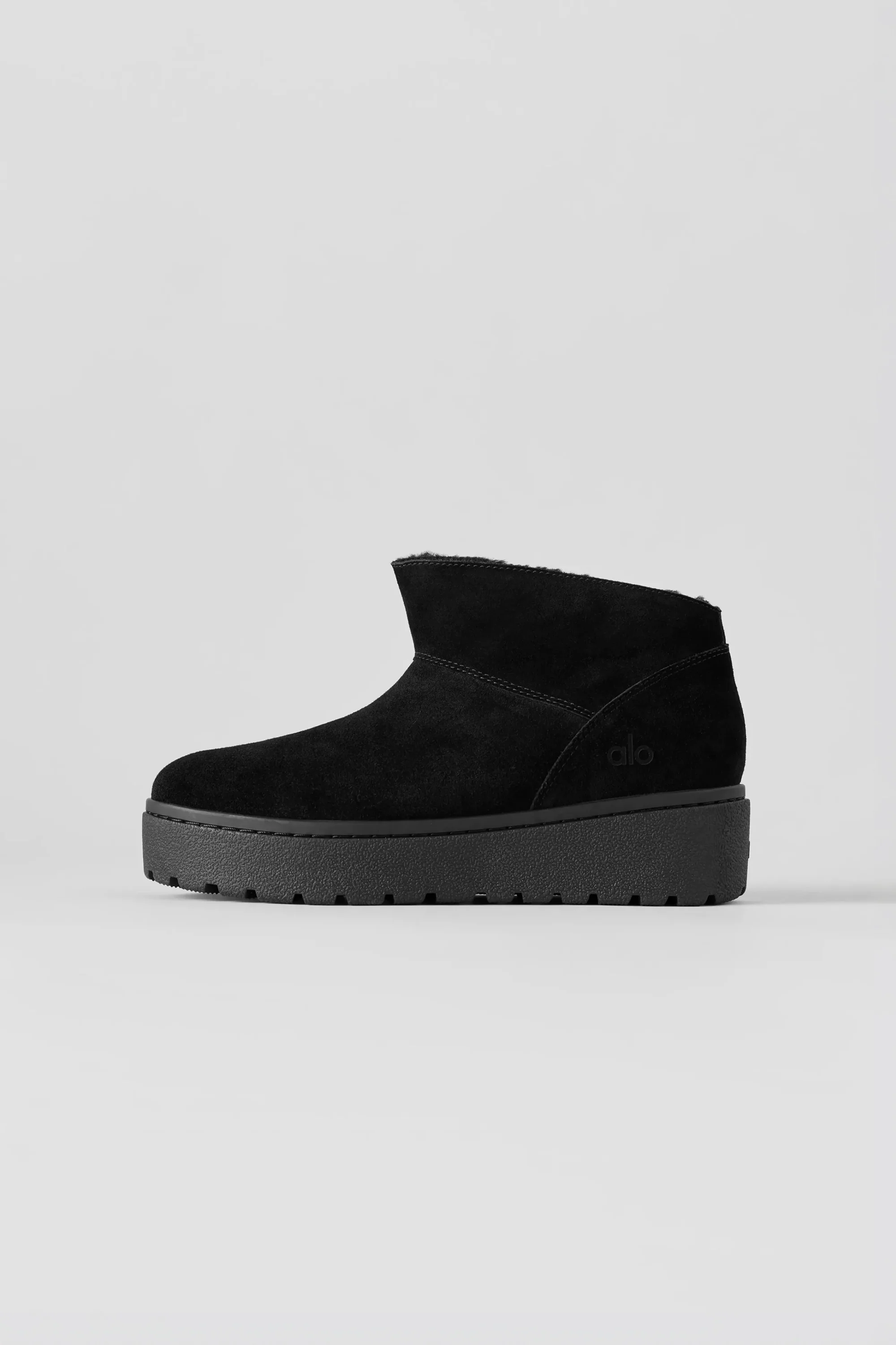 ALO Malibu Low Boot in Black Suede with Faux Fur Lining