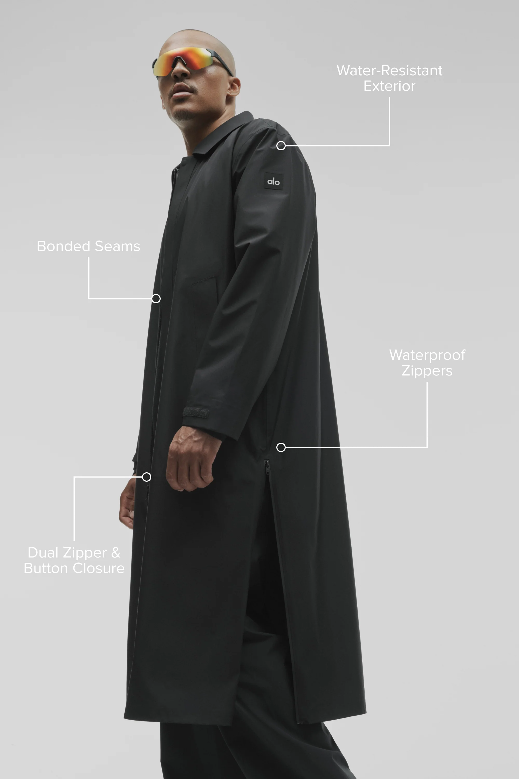 Alpha Shell Long Coat in Black with Bonded Seams and Side Vents