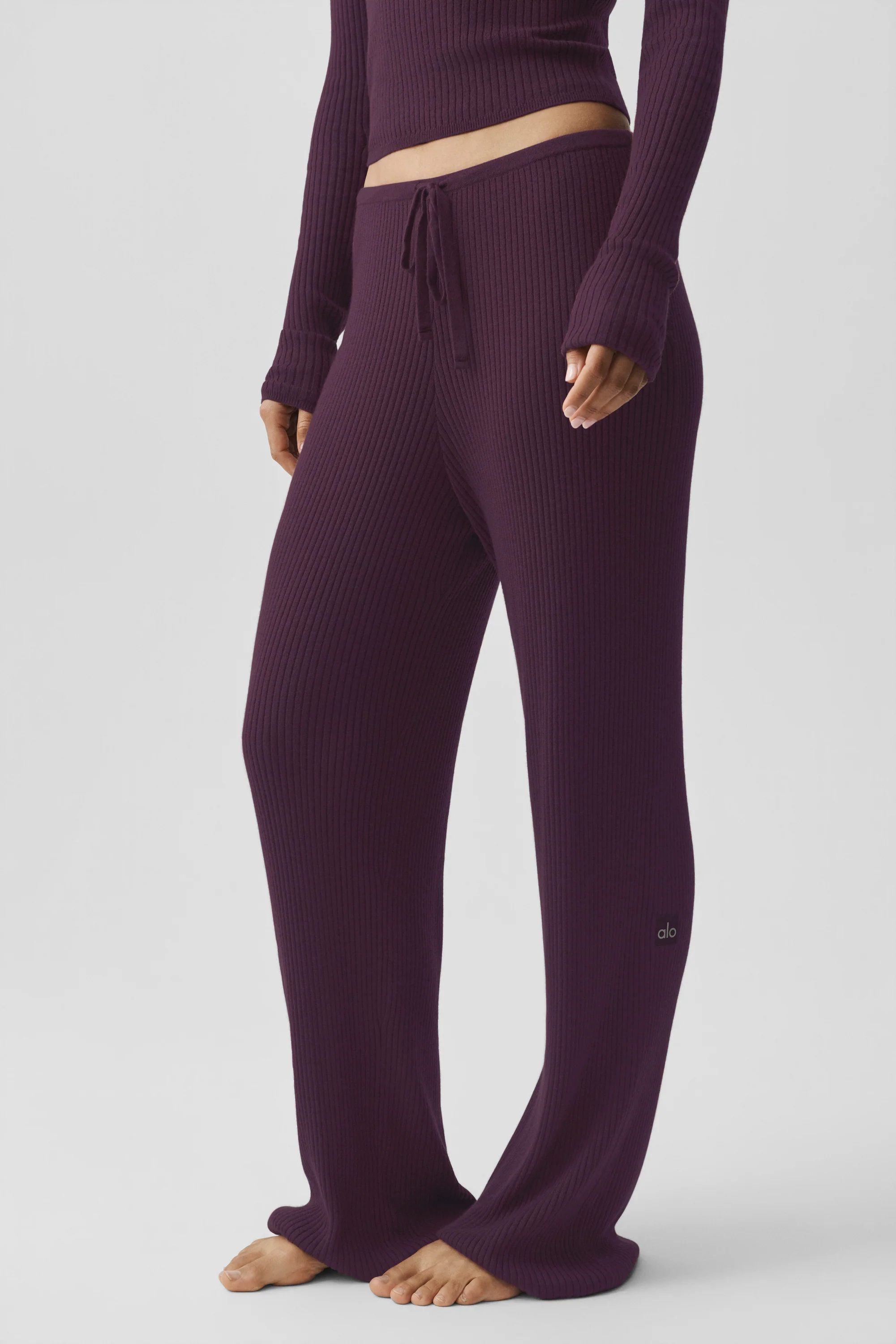 Sweater Knit Mid-Rise Unwind Wide Leg Pant in Rich Bordeaux