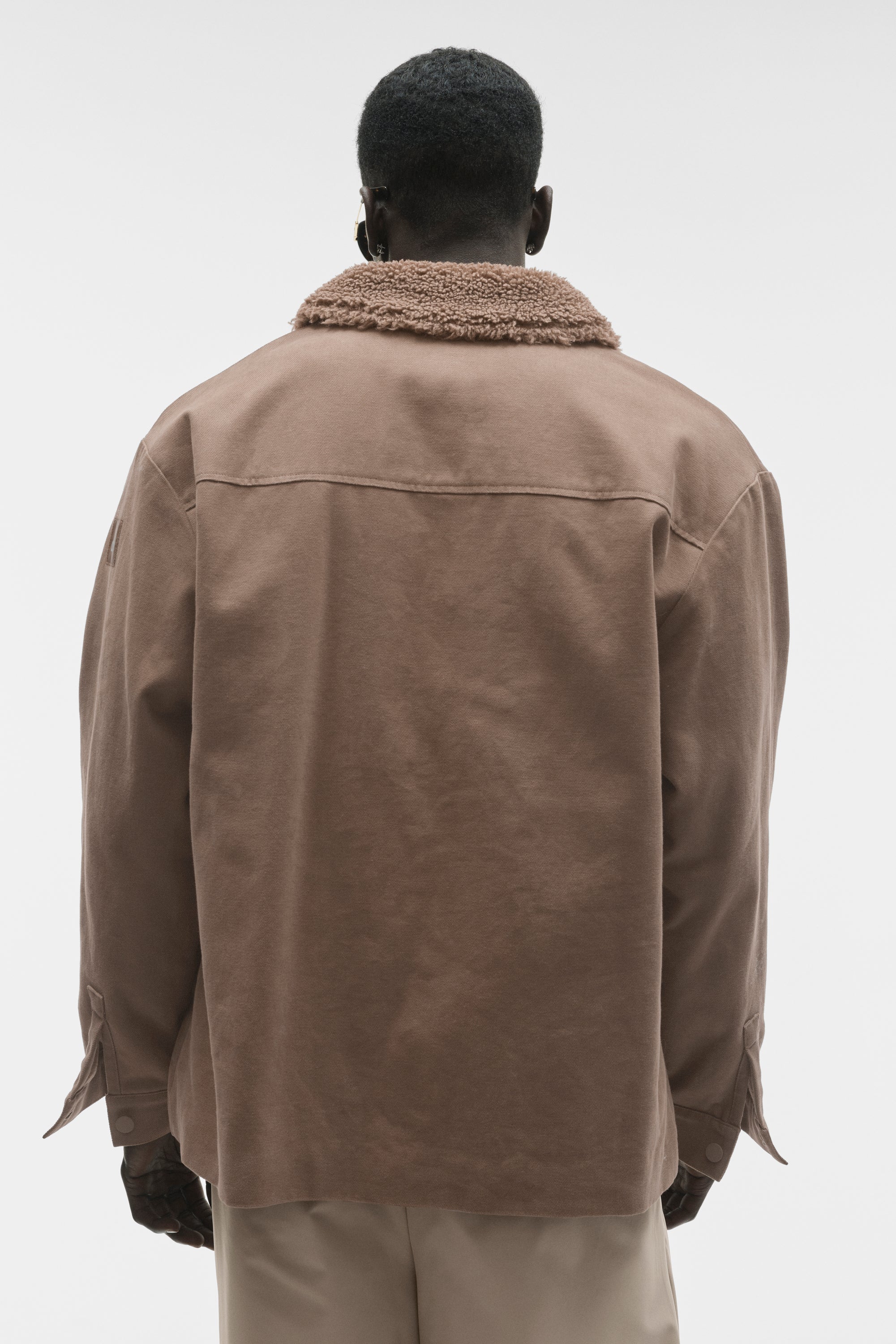 Canvas Utility Shacket in Java Brown with Sherpa Collar