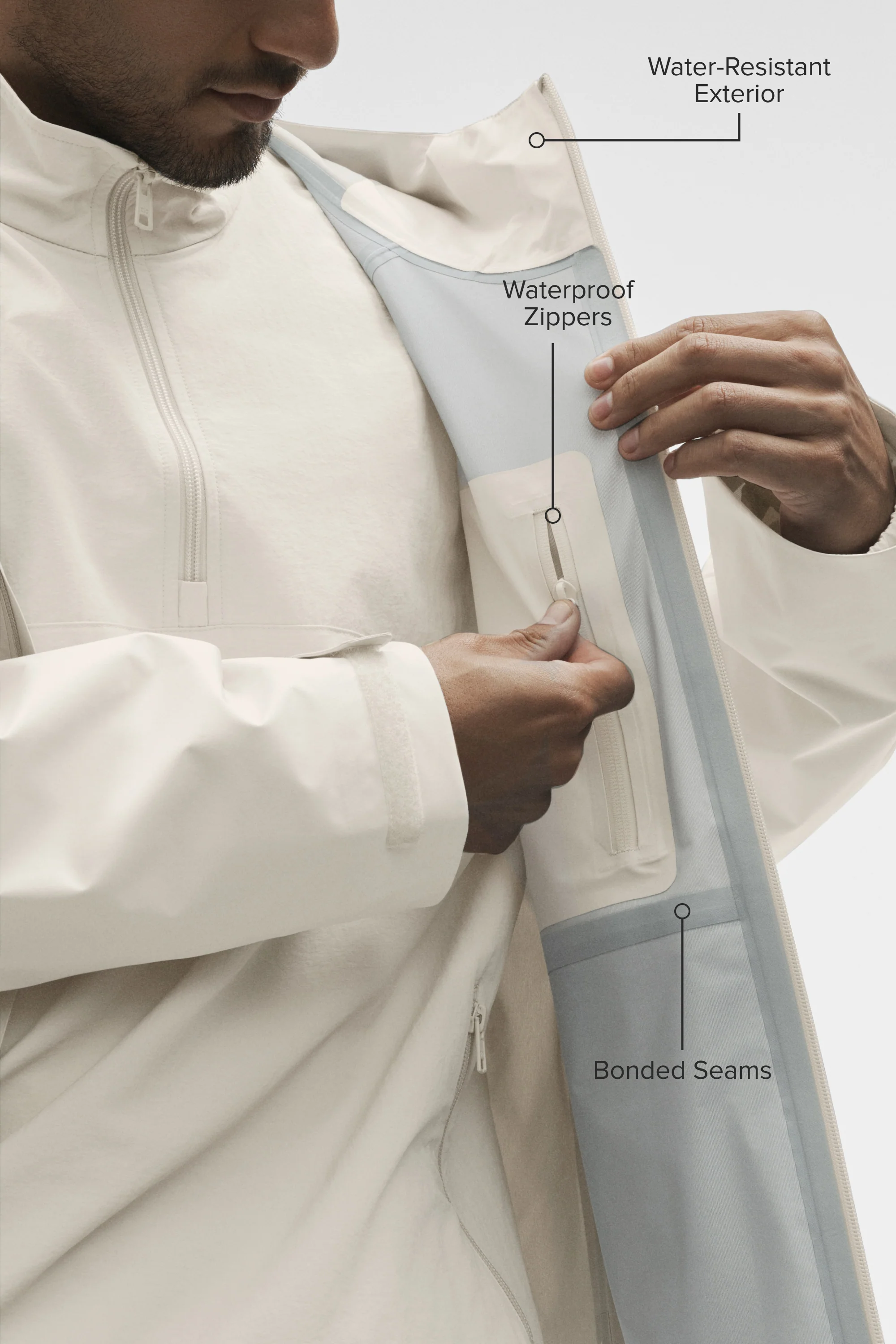 Alpha Shell Jacket in Bone with Water-Resistant Shell and Bonded Seams
