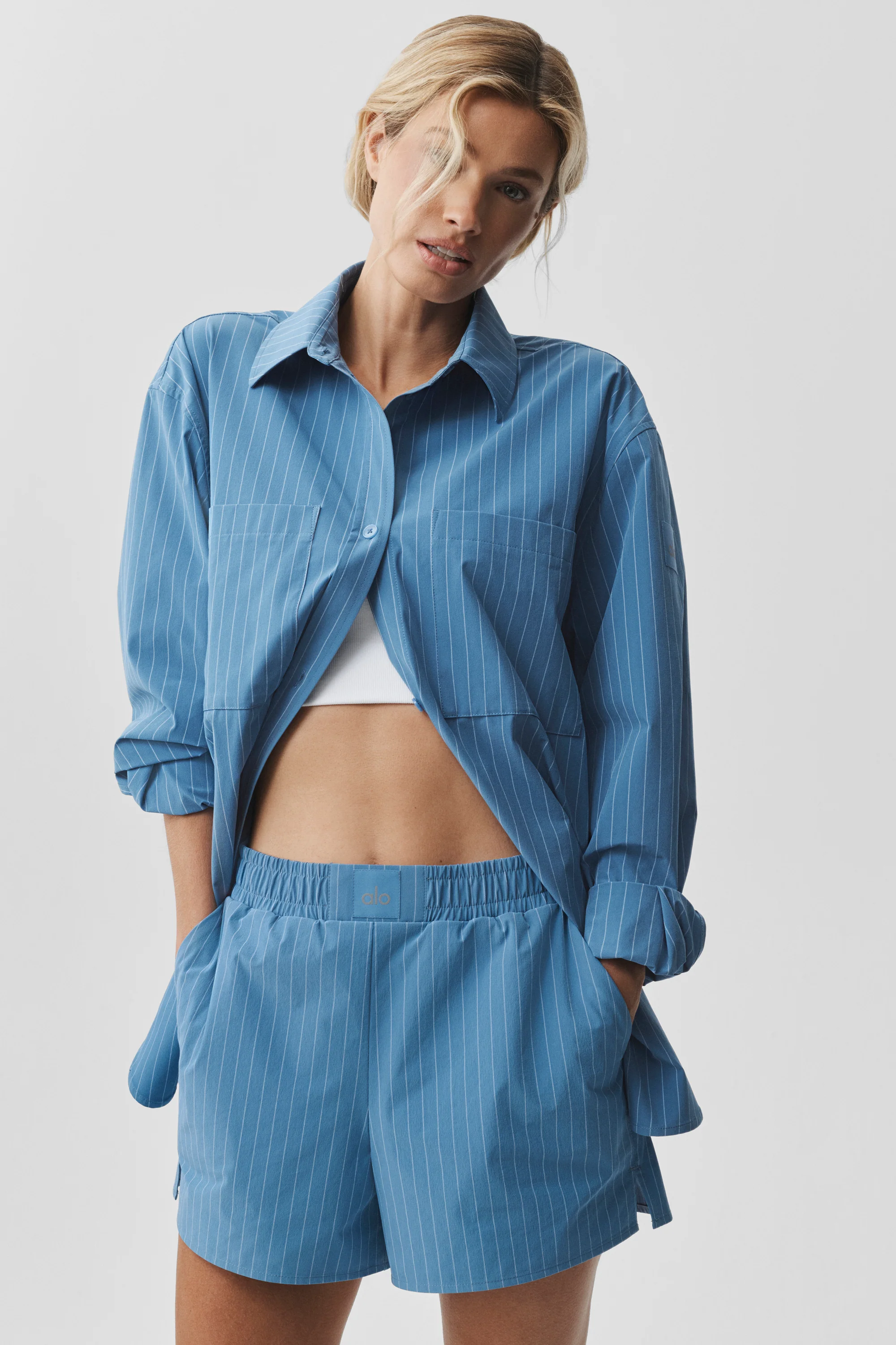Pinstripe Daylight Button Down Long Sleeve Shirt in California Blue and White