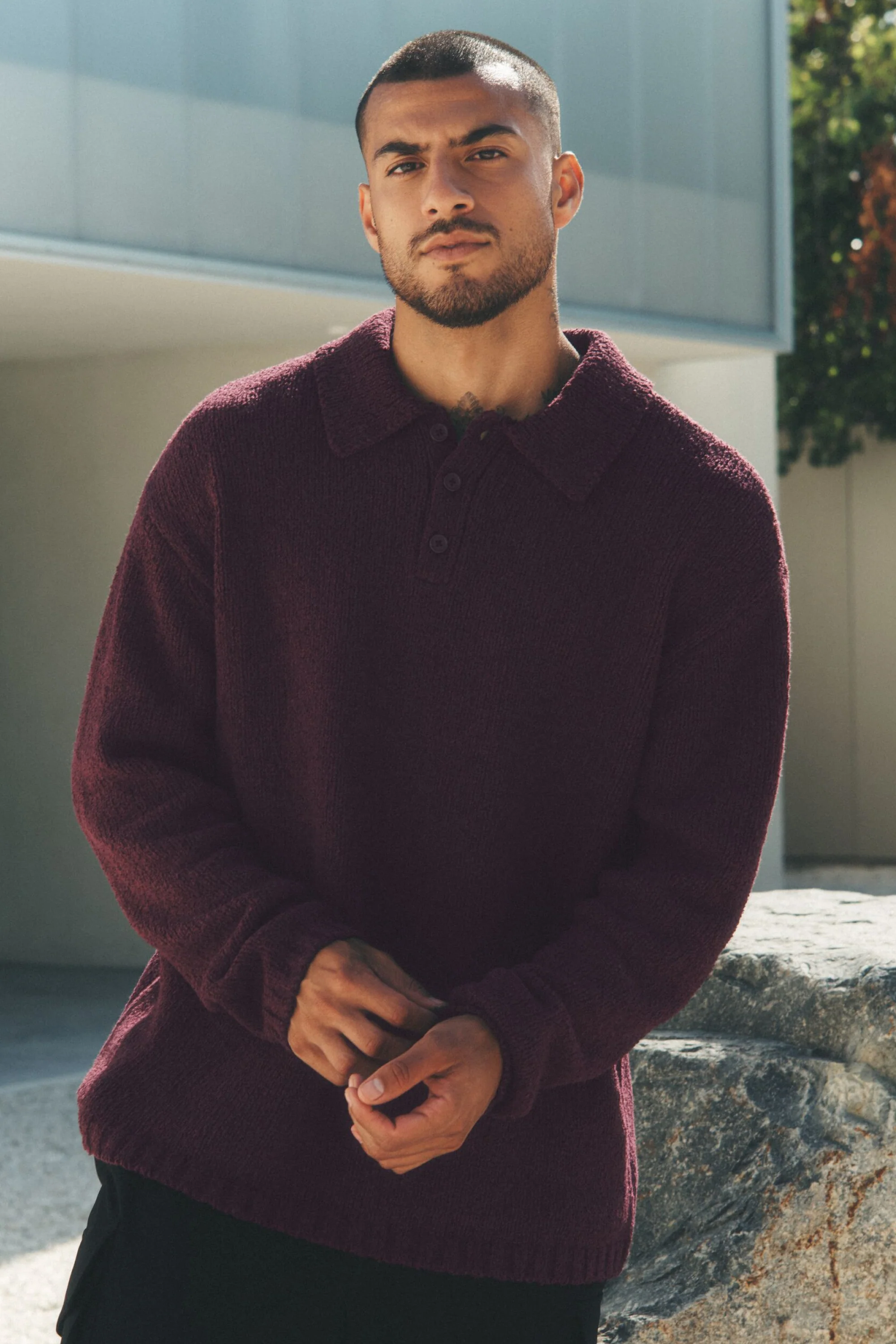 Textured Knit Long Sleeve Polo in Rich Bordeaux