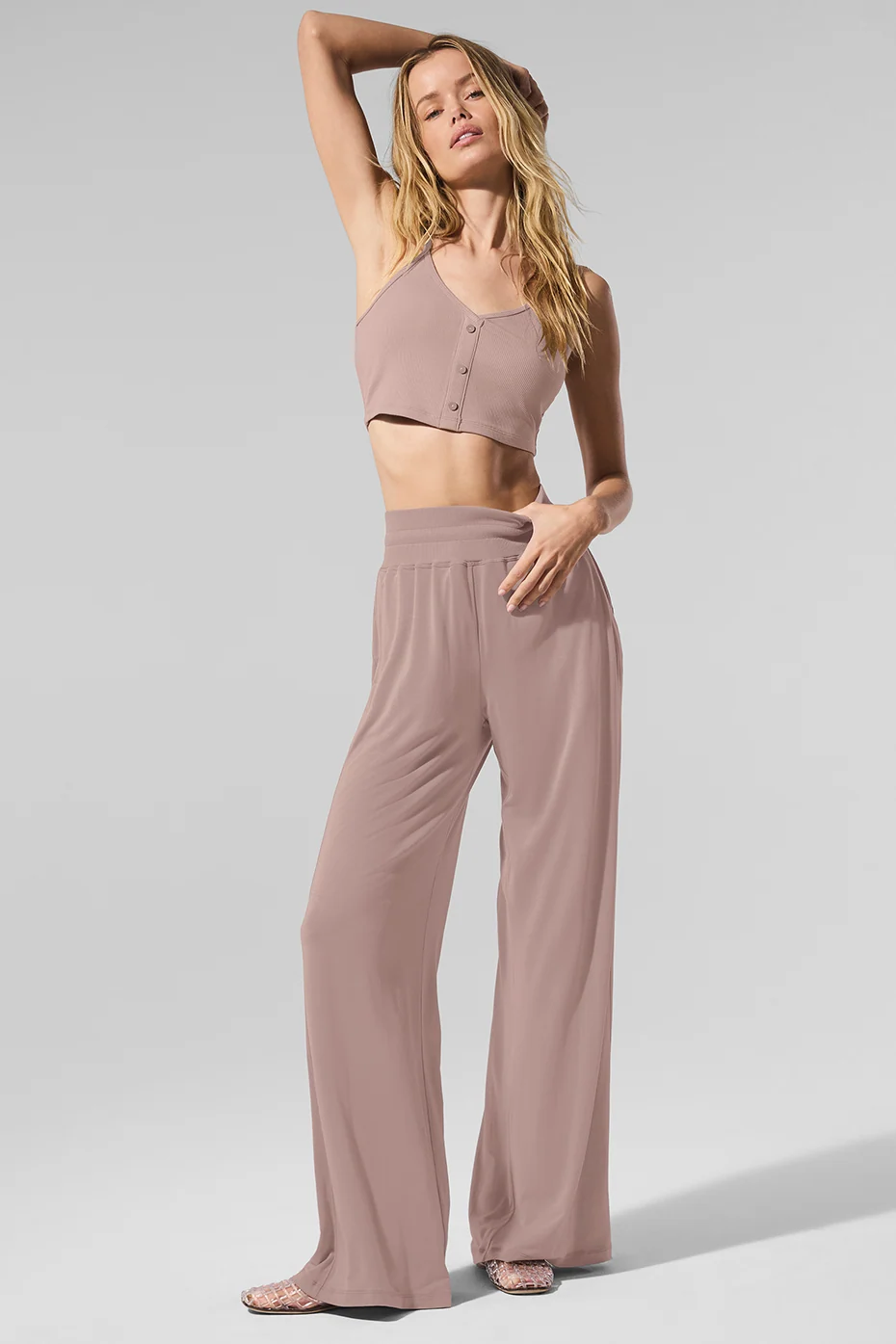 Ribbed Delicate Lounge Tank in Taupe with V-Neck and Front Buttons